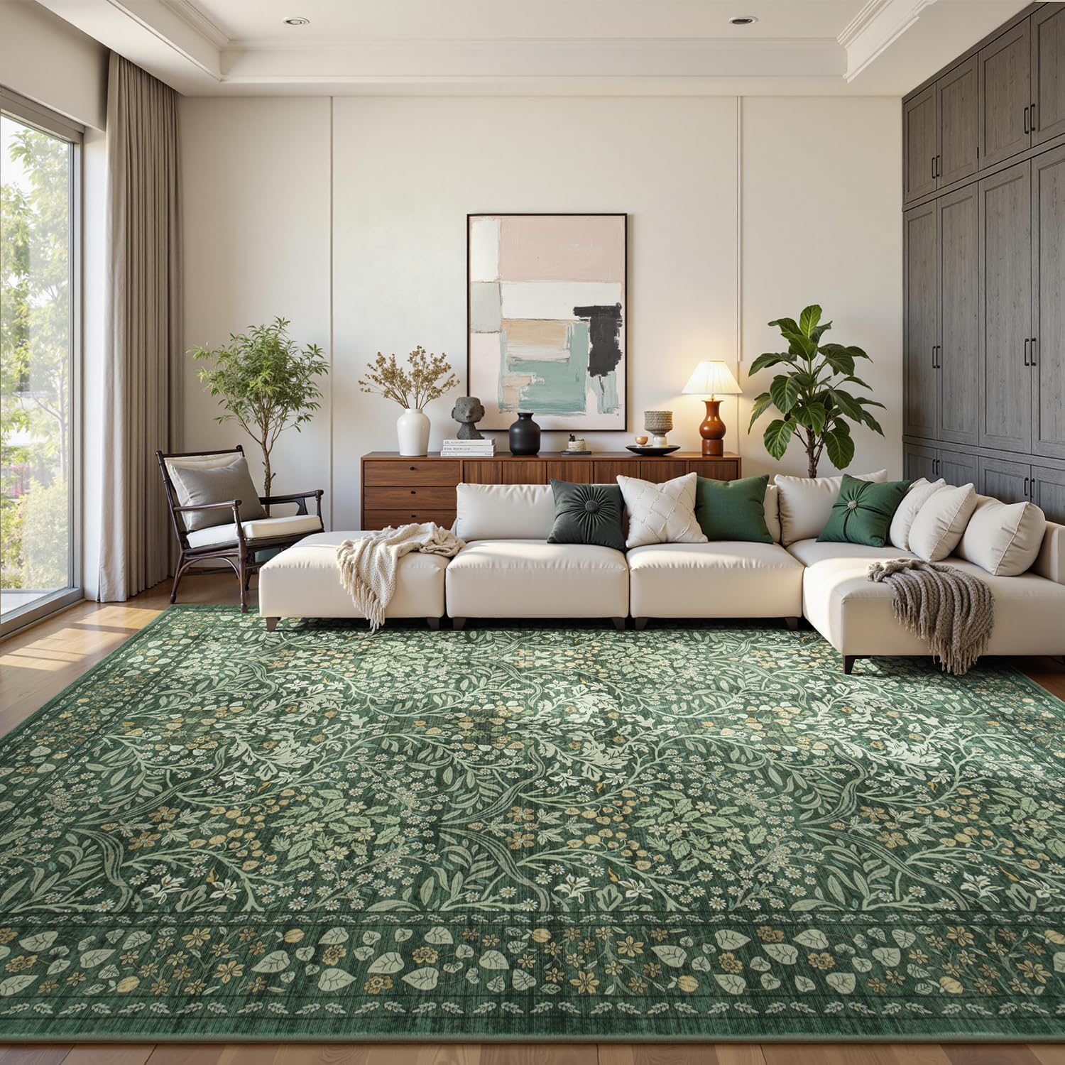 Lofus Green Rug 8x10, Washable Large Living Room Area Rugs Non Slip Low Pile, Boho Floral Carpet for Kitchen Bedroom Dining Room Nursery Home Office, Vintage Farmhouse Forest-Themed Area Rugs