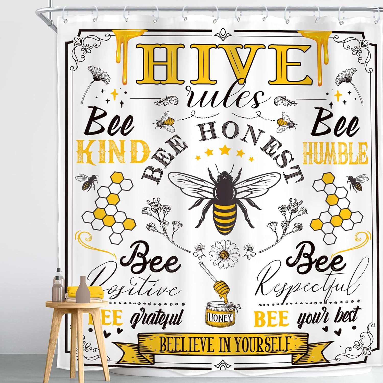 Homewelle Black Yellow Bee Quotes Shower Curtain Vintage Rustic Inspirational Motivational Words Retro Floral Flower Plant Honeycomb 72Wx72H Inch Farmhouse Waterproof Polyester Fabric Bathroom Bathtub