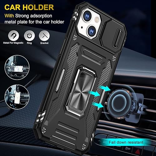 Miniatura 5 de Funda para iPhone 13, funda para iPhone 13 con cubierta deslizante para cámara, con soporte para anillo de dedo, soporte magnético para automóvil,