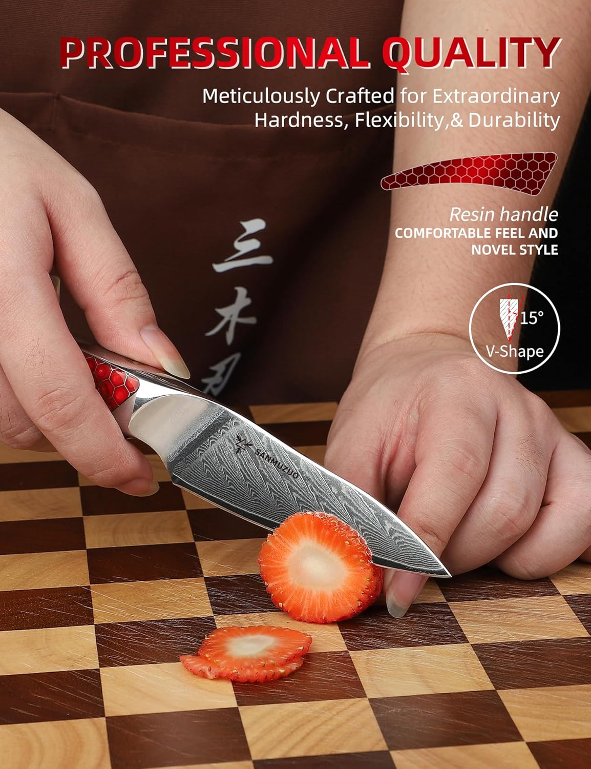 3.5 inch Paring Knife, Japanese VG-10 Damascus Steel Kitchen Knife, Ultra Sharp Fruit Knife with Full-tang Handle in Red Resin, LA-S9 Series