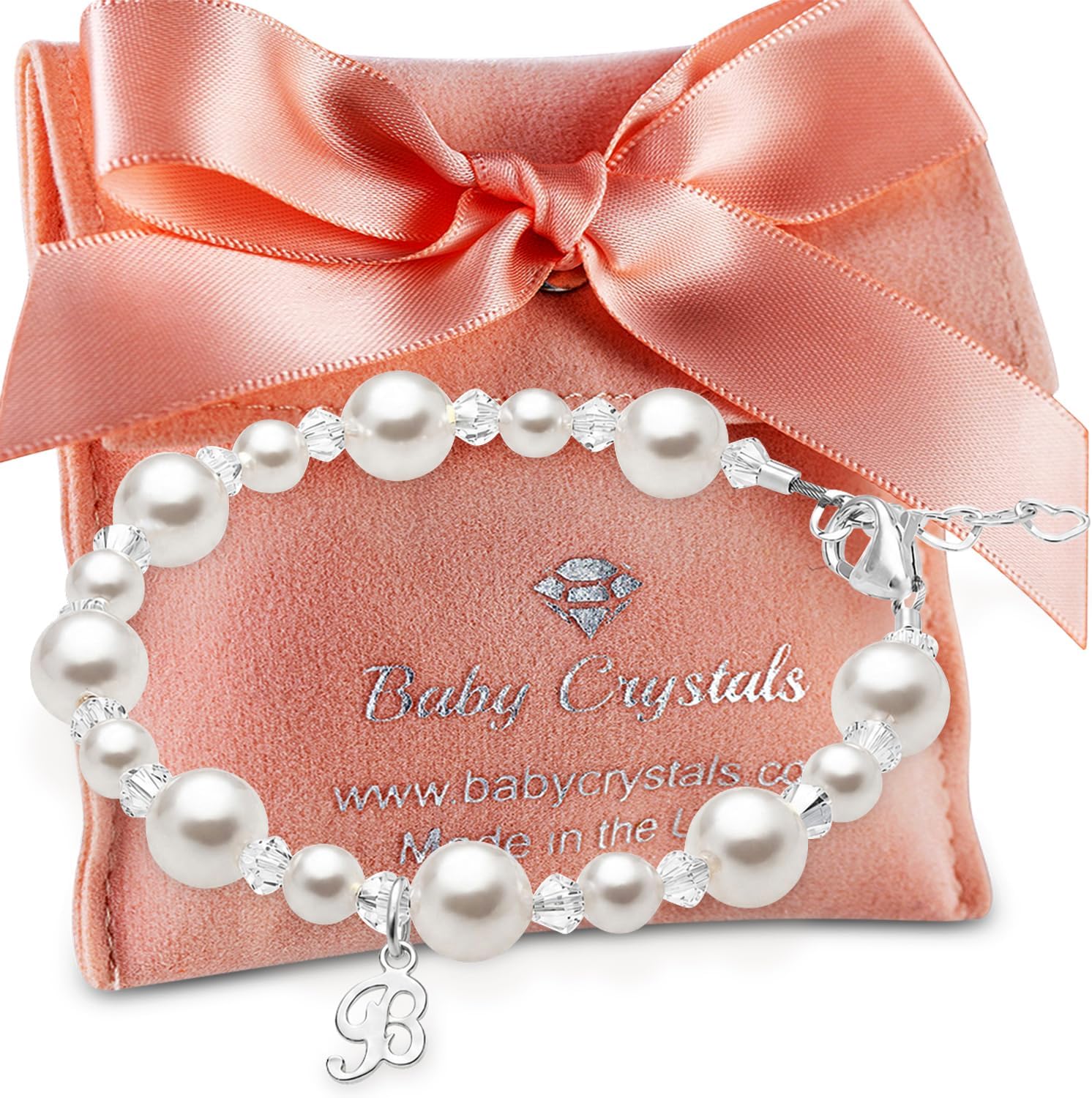 Baby Crystals Sterling Silver White Pearl Initial Bracelet for Baby Girls I A-Z Letter Charm I Baptism, Birthday, Keepsake Jewelry for Newborn, Infant, Toddler, Teen, Mommy I Bracelets for women