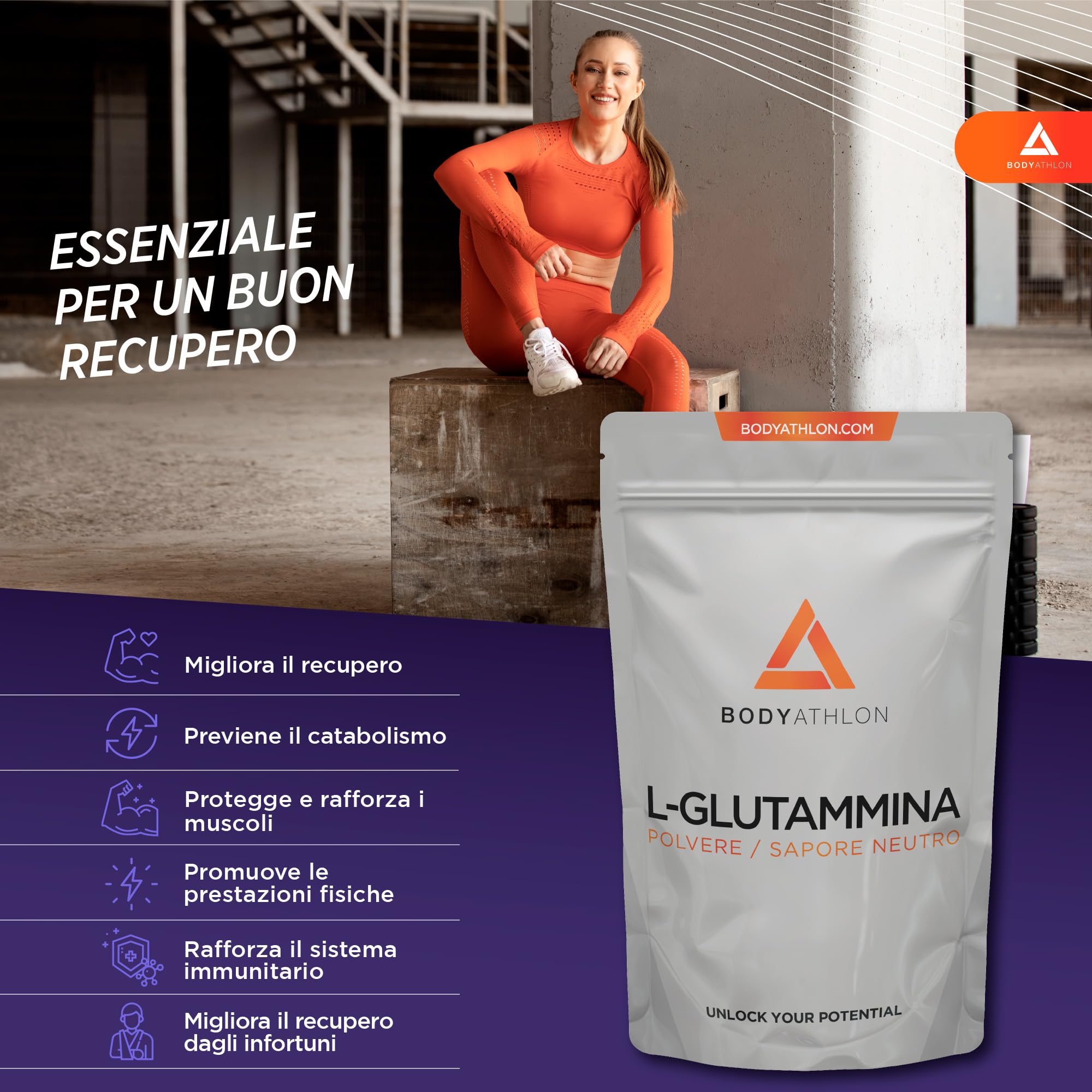 L-Glutammina in polvere 500g - aminoacido L-Glutammina dal sapore puro - 100 dosi di L-Glutammina vegana e senza glutine - Recupero muscolare - Bodyathlon