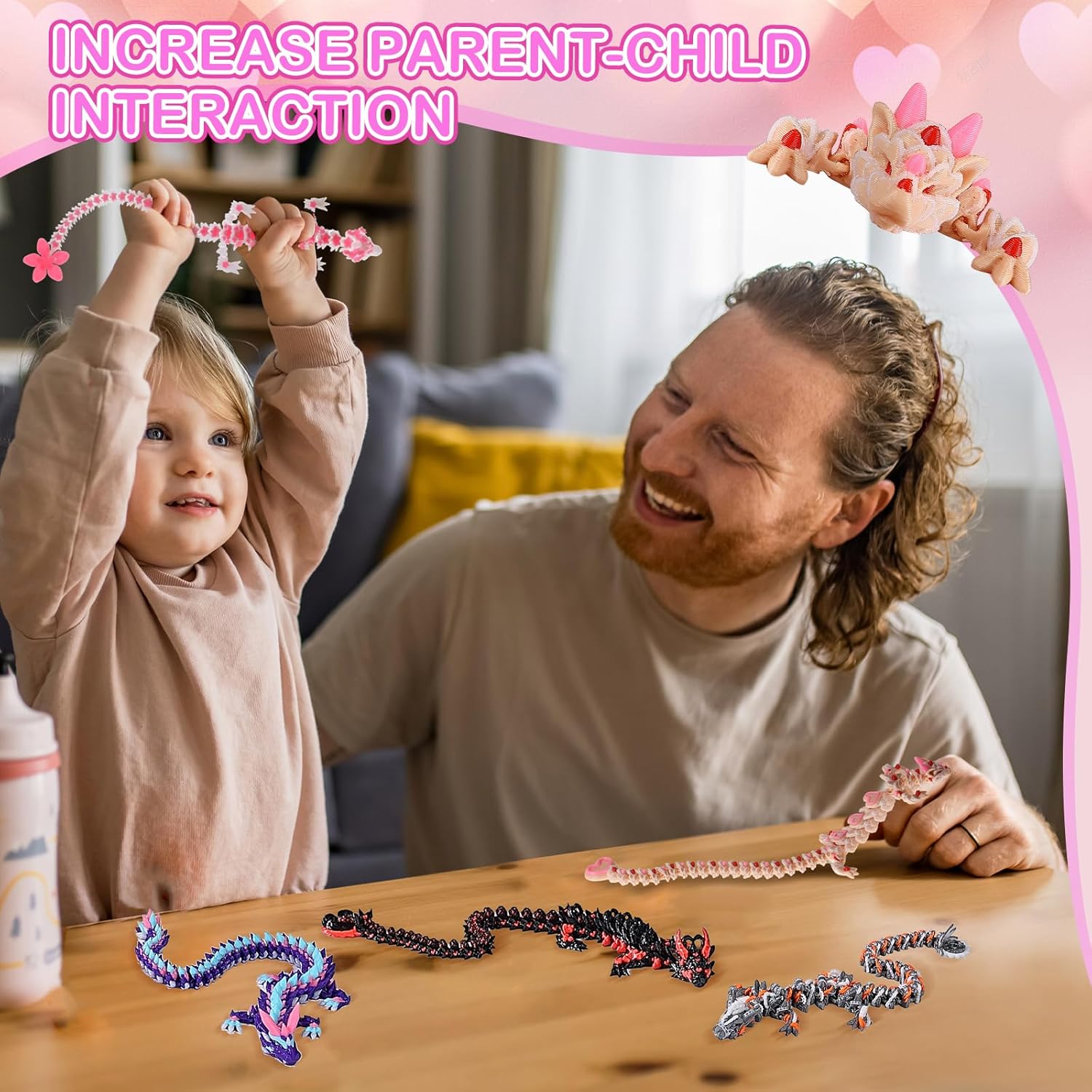 3D Printed Dragon Cherry Blossom and Heart Cookie Dragons, Articulated Fidget Toys for Autism and ADHD, Perfect Basket Essentials Stuffers and Desk Accessories