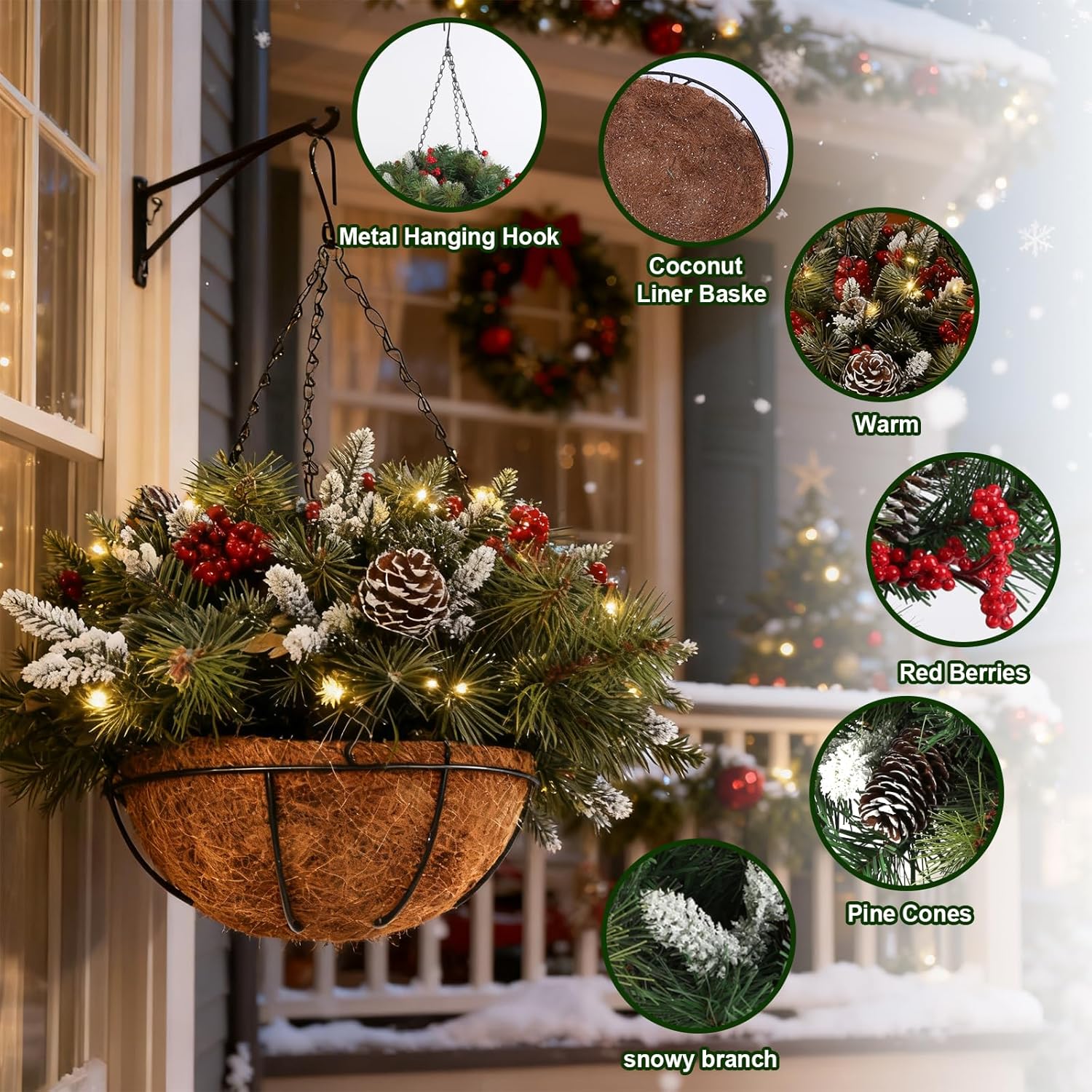 Surakey 2 Pack Pre Lit Artificial Flowers Christmas Hanging Basket with LED String Lights Christmas Hanging Plant Basket Decor for Indoor Outdoor Garden Patio Porch Front Door and Party