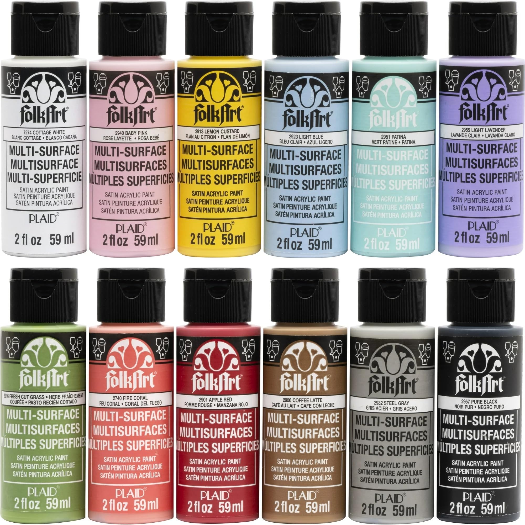 FolkArt Multi-surface Satin Acrylic Craft Paint Set, Pastel Favorites, 2 fl oz, 12 Piece Set