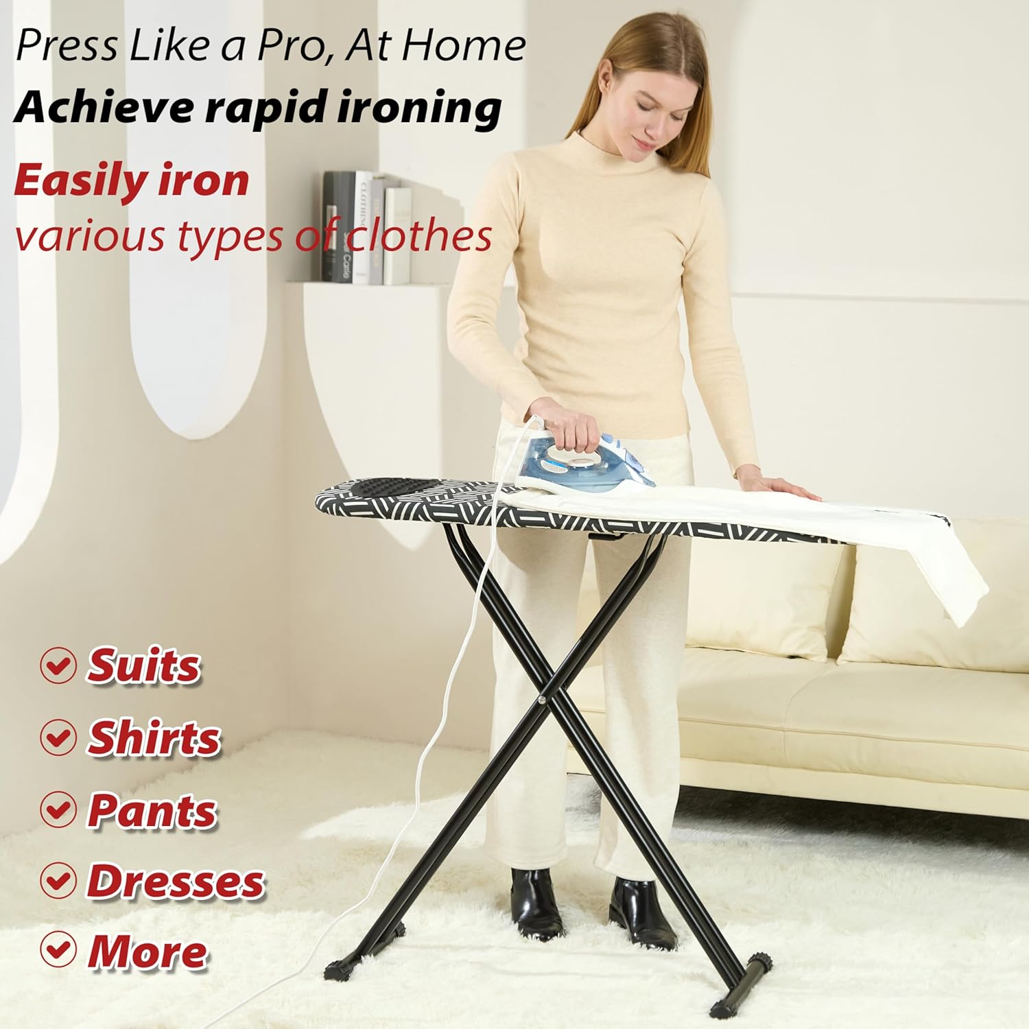 caius Ironing Board with Extra Thick Heavy Duty Padded Cover, Full Size Iron Board, Full Metal Construction, Easy to Fold, Adjustable Height (43x13in Black)