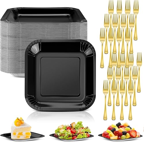 Dandat 100 platos cuadrados desechables de 7 pulgadas con tenedores de plástico, platos de postre de papel, 50 invitados, vajilla de aluminio para