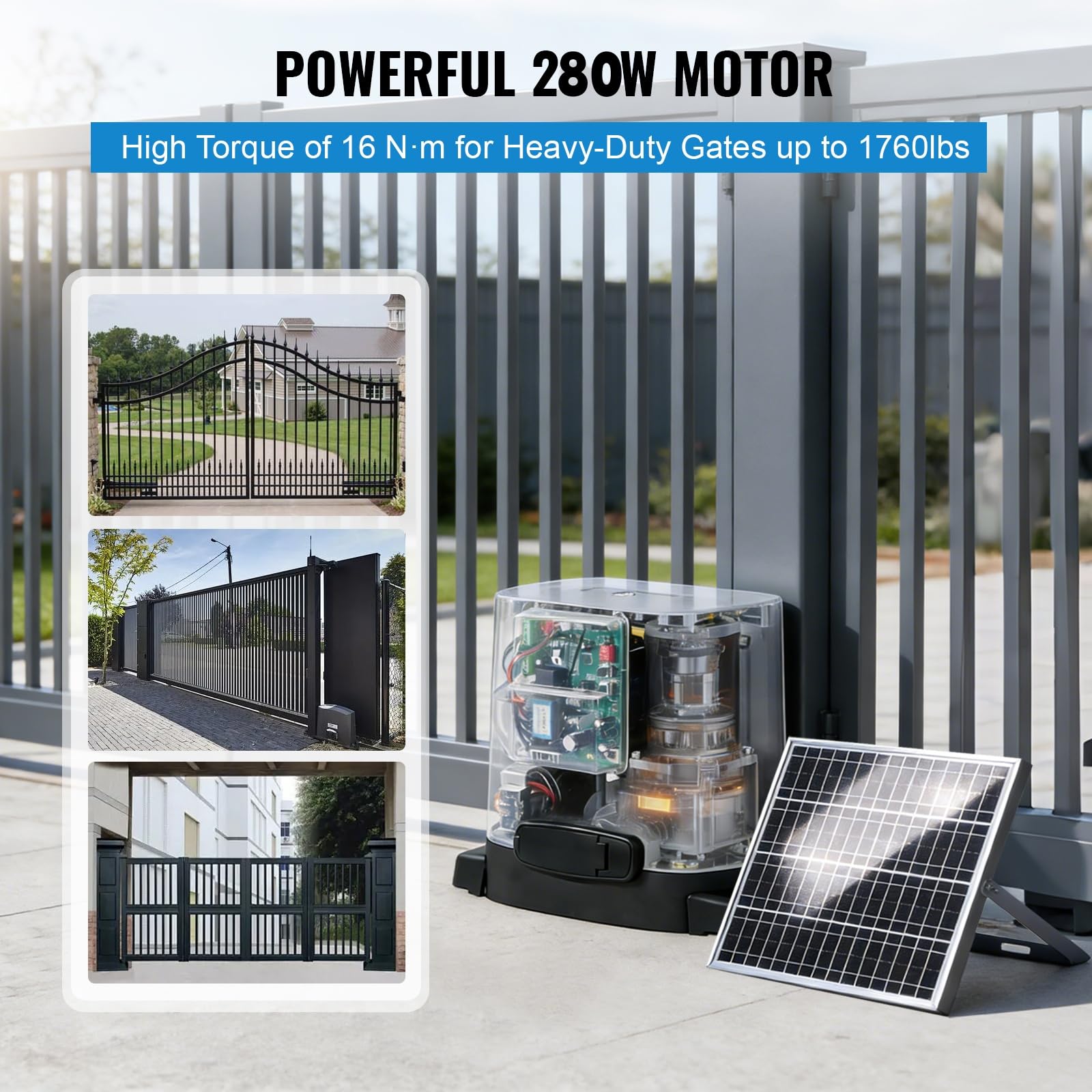Motor Abrepuertas Automático para Puerta Corredera 800 kg Par 16 Nm Kit Completo con 2 Mandos a Distancia para Garaje Residencial 24V, Energía Solar