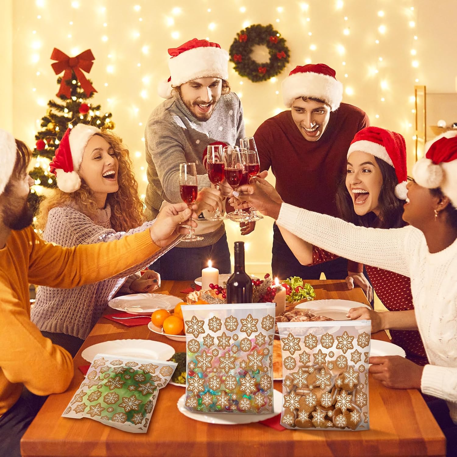 TaoBary 50 Count Food Slider Freezer Bags with Zipper 9 Inch Snowflake Transparent Reusable Storage Bags Leakproof Thickened PE Storage for Marinate Meats(Transparent and Yellow,Cookie Style)