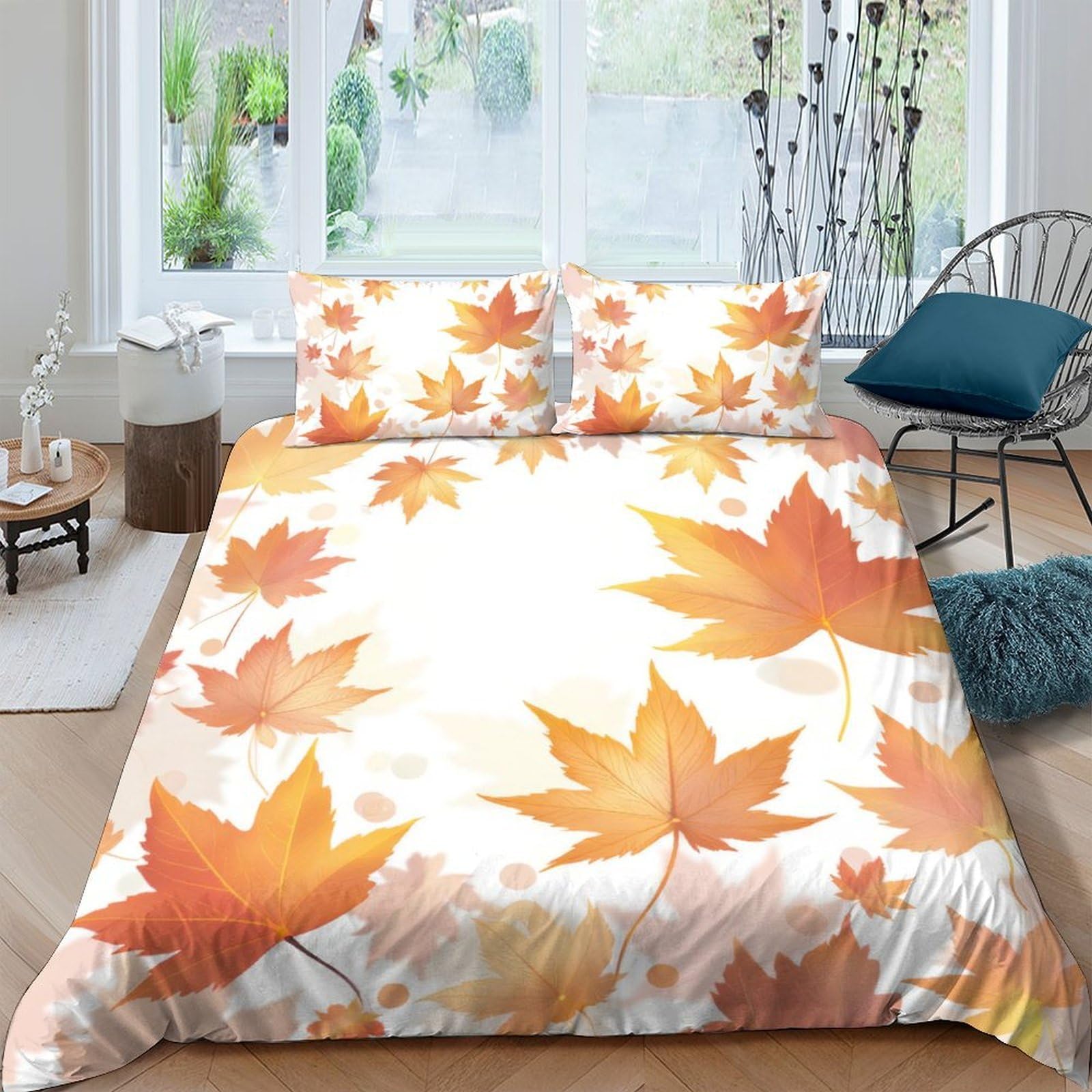 GPLZQXKJNH 3D Printed Autumn Maple Leaf Duvet Cover Microfiber Bedding Set Orange Leaves Quilt Cover with 2 Pillowcases for Bedroom Decor Single（135x200cm）