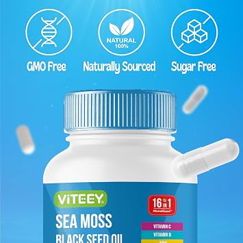 Viteey Sea Moss Capsules with Black Seed Oil - 16in1 MineralGuard | Irish Sea Moss Supplement with Bladderwrack, Burdock Root & Ashwagandha Immune & Mineral Support - 60 Capsules
