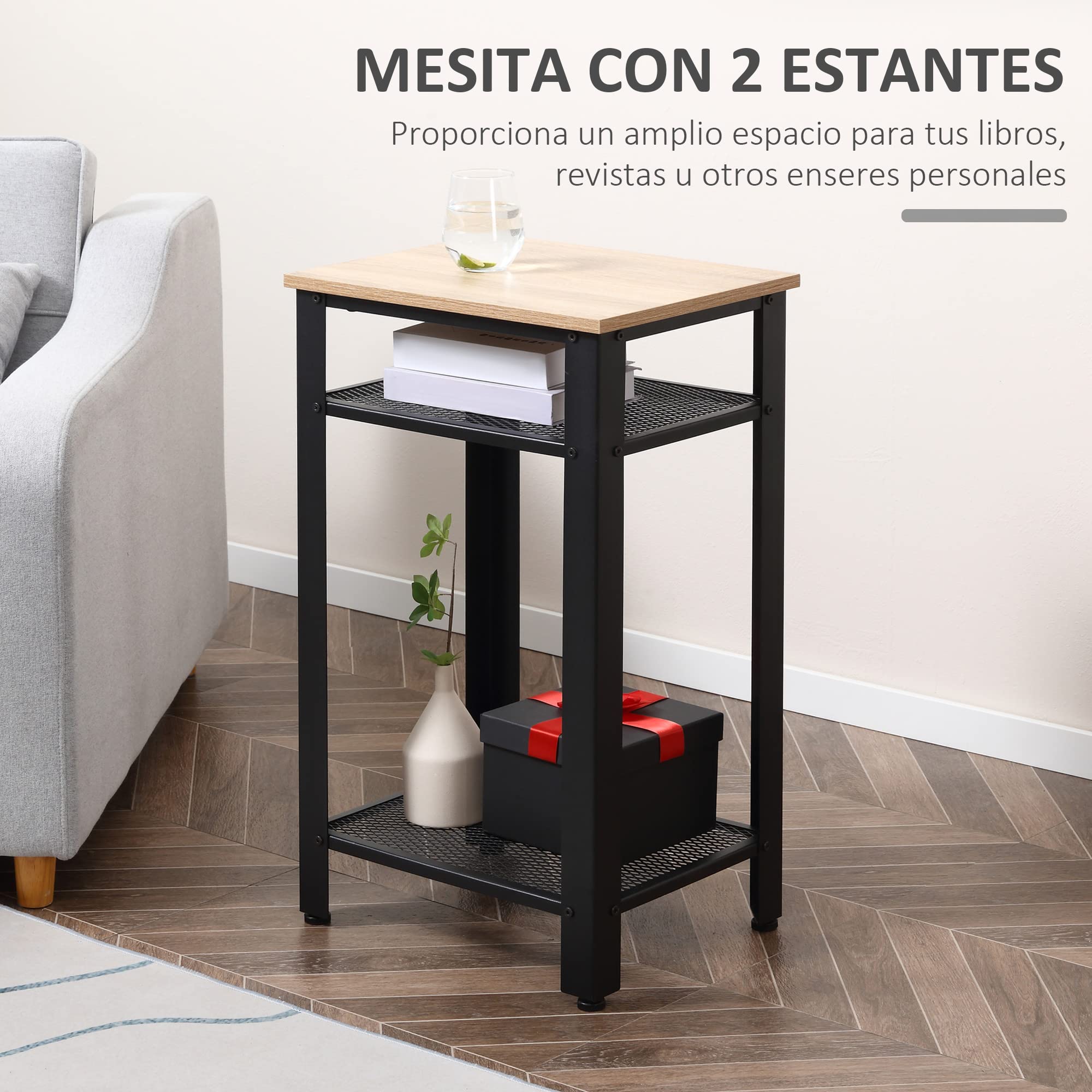 HOMCOM Mesa Auxiliar Mesita de Noche Industrial 45x35x75 cm Roble y Negro | 2 Estantes de Rejilla de Metal, Pies Ajustables, para Salón Dormitorio