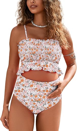 MOMOOD Maternity Swimsuit Two Piece Bikini Bandeau Top Hipster Bottom High Waisted