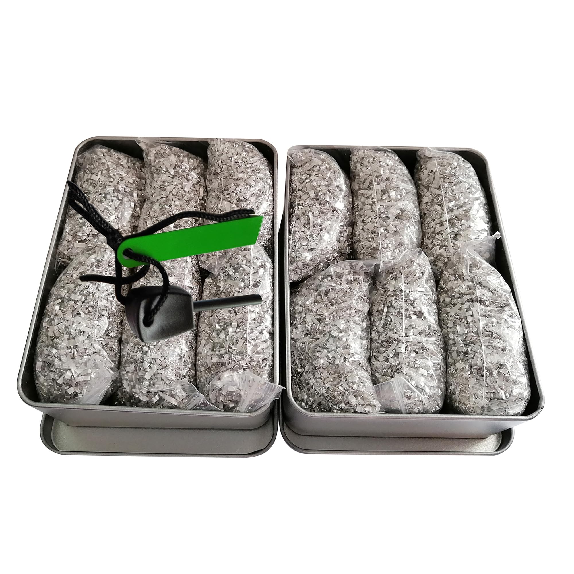eGreen Magnesium Feuer Starter Kit - 6 Beutel Reine Magnesium Späne + Ferrostab mit 2000 oder mehr Schlägen in wasserdichter Blechdose - Notfall Survival Tool für Camping, Bushcraft, Outdoor, Wandern