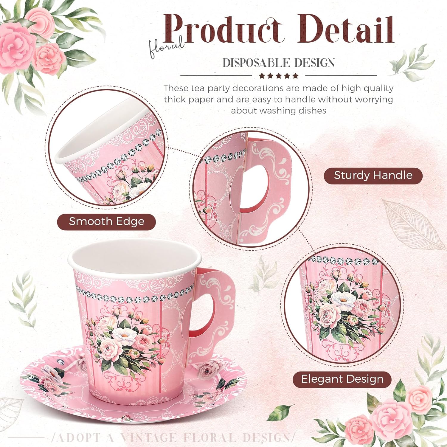 Nuogo 200 Pcs Floral Paper Tea Cups and Saucers 7 oz Disposable Paper Teacups with Handle and Plates for Tea Party Decoration Wedding Birthday Baby Shower Bridal Mother's Day, Serve 100(Pink)