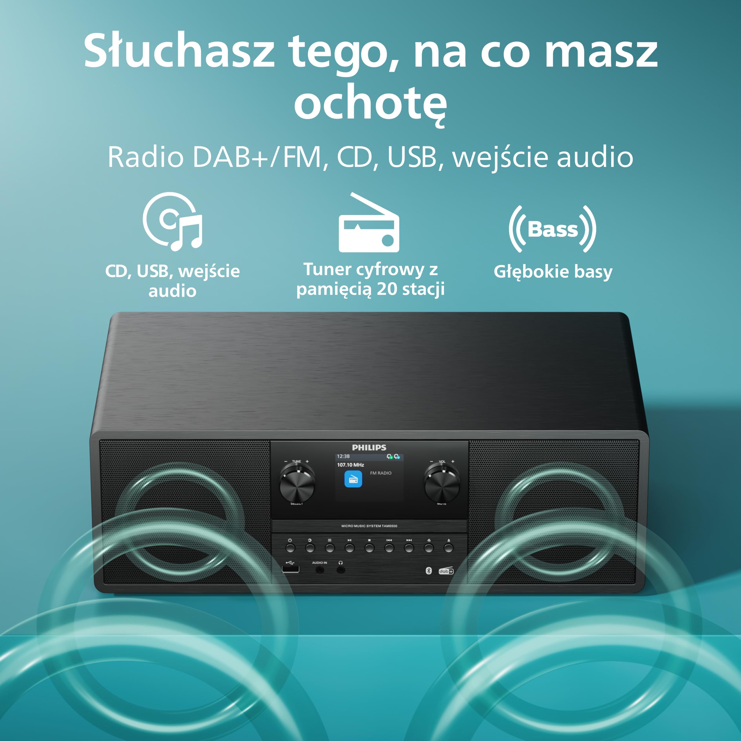 Philips TAM6500/10 Mikrowieża 100 W, Bluetooth 6.0, Auracast, radio DAB+/FM, CD/USB/wejście audio, głośniki Bass‑Reflex, kolorowy wyświetlacz, pilot, plastik pochodzący z recyklingu – czarny