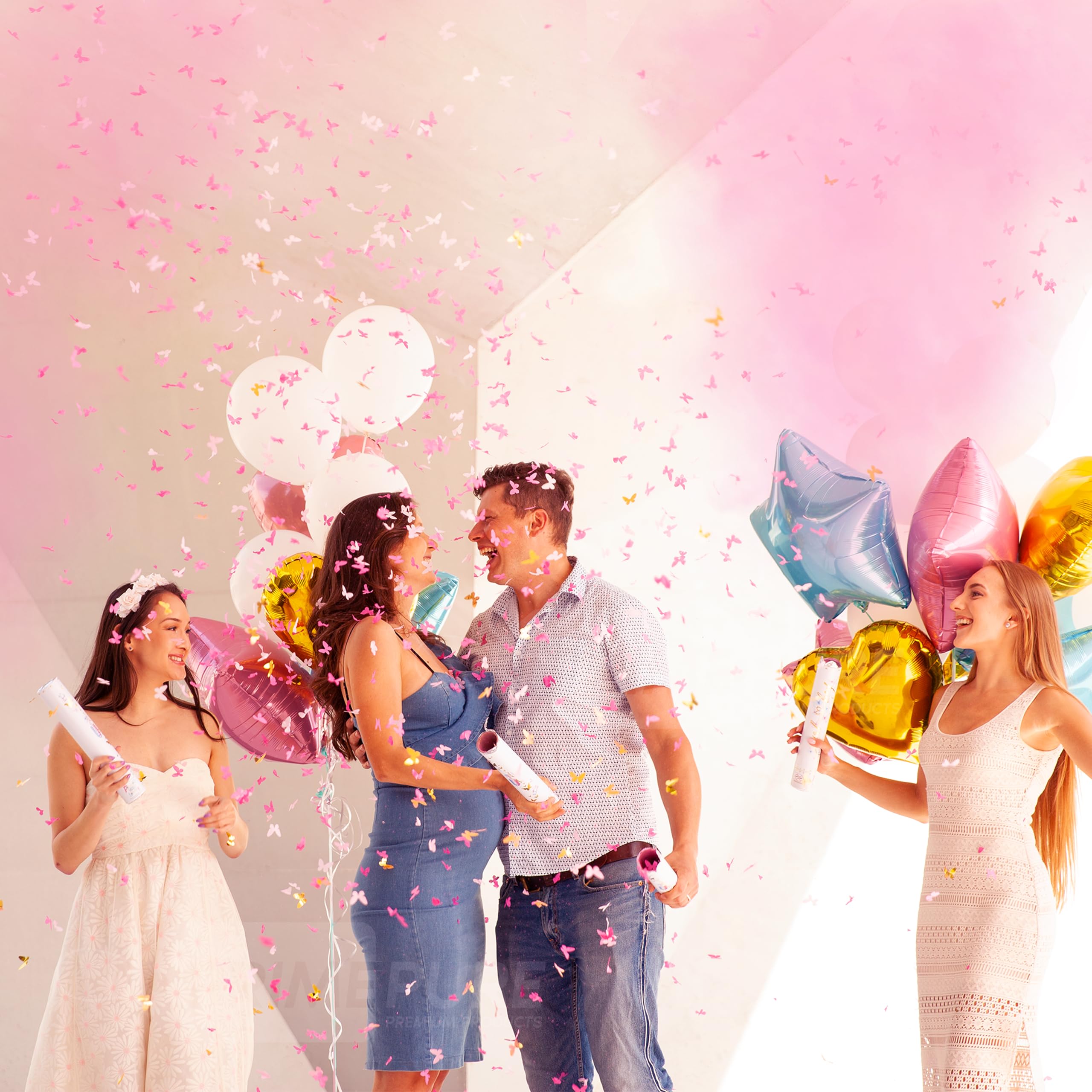 PrimePure Cannoni Spara Coriandoli per Gender Reveal - Polvere Biodegradabile e Coriandoli a Forma di Farfalla - Rosa, Confezione da 4 - Bombe di Fumo Gender Reveal
