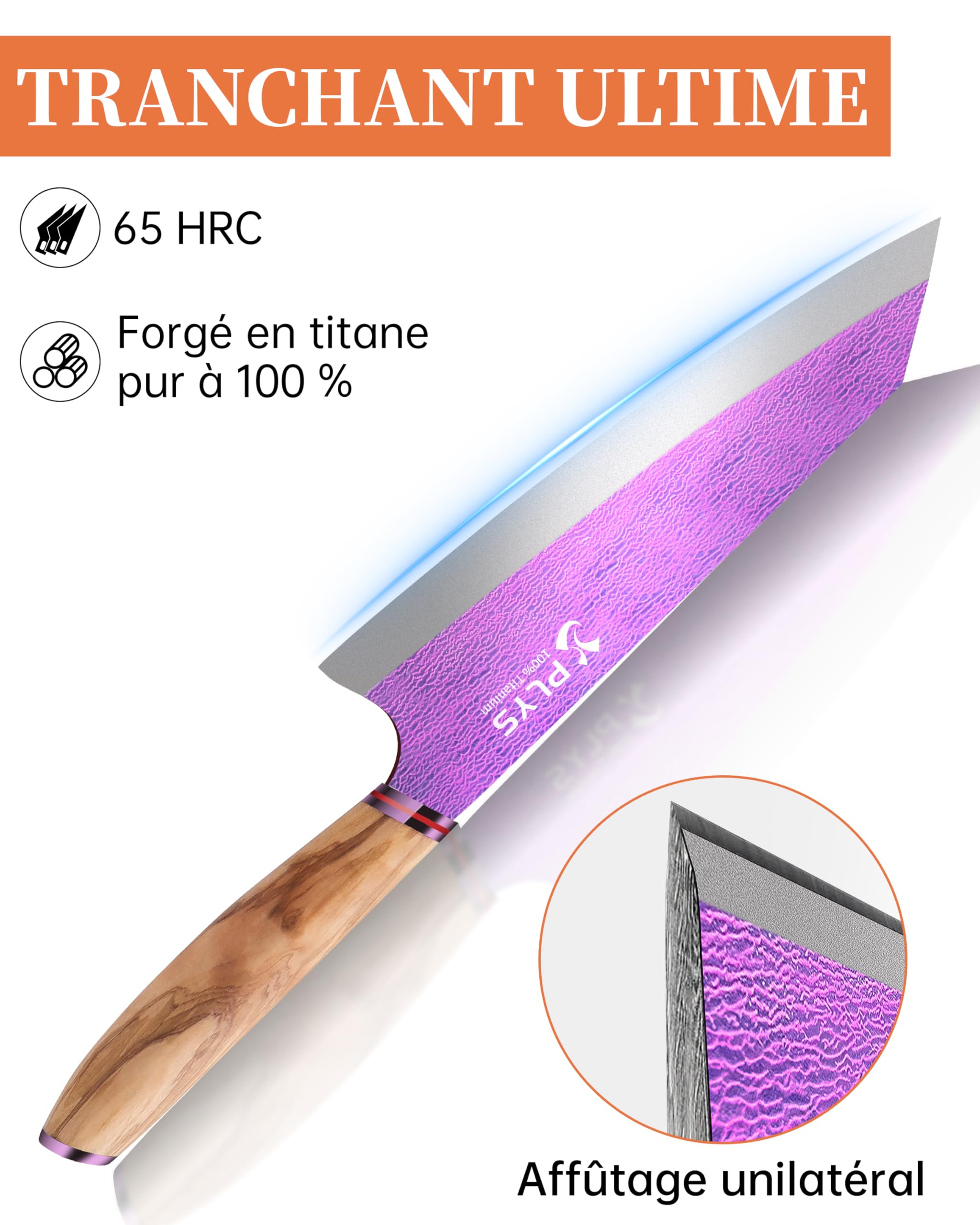 Plys Titane Couteau Chef Japonais Kiritsuke: Lame de 20,5 Cm, Tranchant Professionnel, Manche Ergonomique en Bois, MatéRiau en Titane Ultra-LéGer (Violet Aurore)