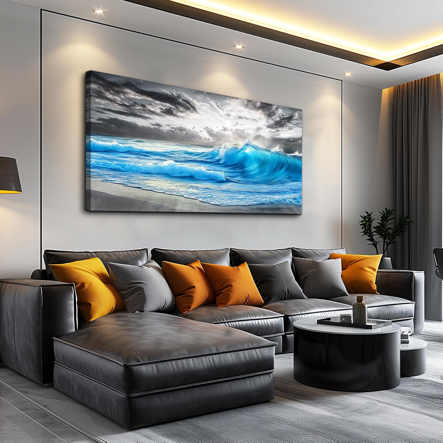 PHAOHUAXM Beach Wall Pictures Canvas Artworks Wall Decor For Living Room Canvas Wall Art For Bedroom Restaurant Office Decorations Blue Sea Wave Ocean Paintings Home Decor Ready To Hang 24x48 In