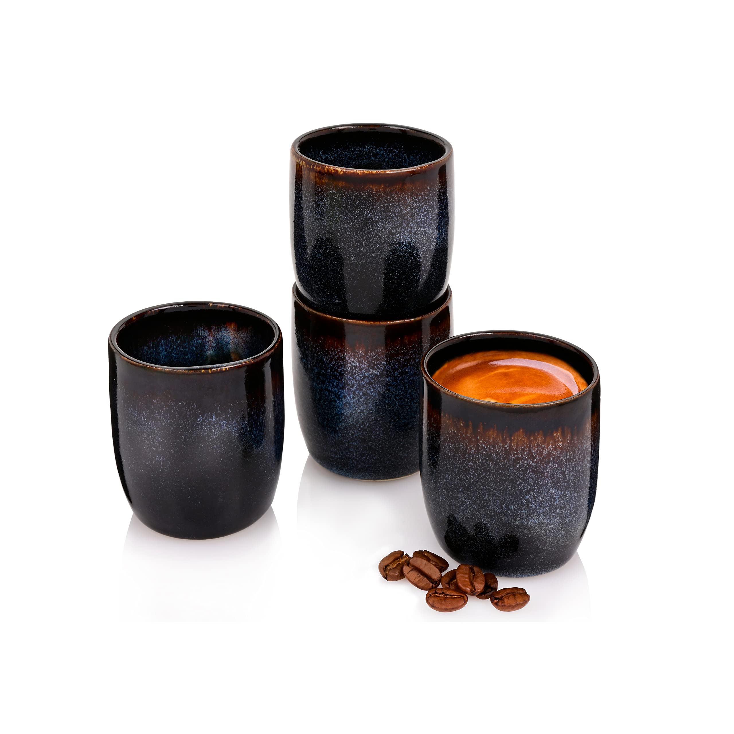 Sänger | Espressobecher Tokio 4 tgl, Espresso Cups 4 Personen, Steingut Espressotassen Set Spülmaschinenfest, Mokkatassen Handmade Blau-Schwarz mit Braunen Akzenten 70 ml | PREMIUM COLLECTION