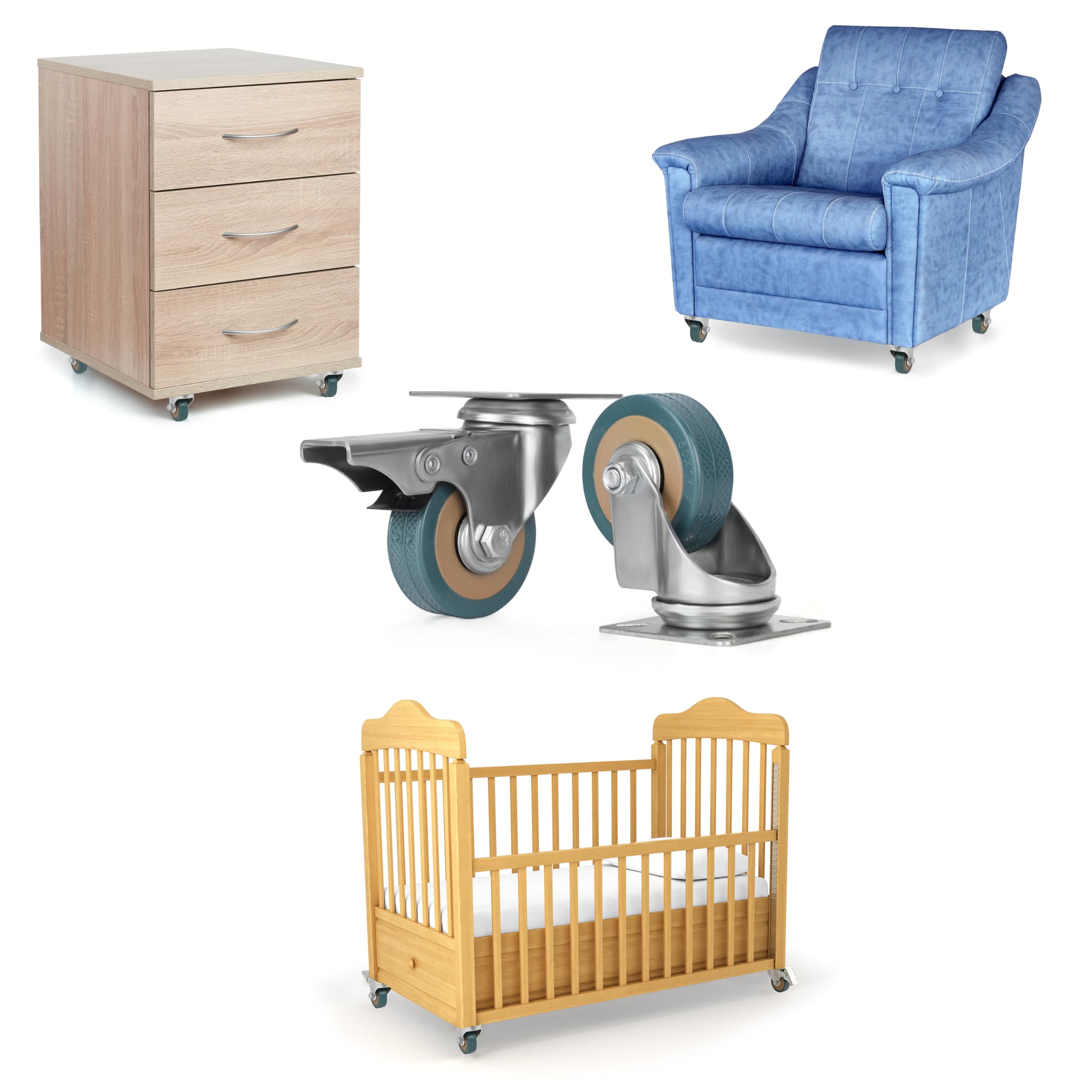 Set 8 Rotelle Per Mobili Con Freni - Gomma, 50mm, Per Carrelli E Mobile