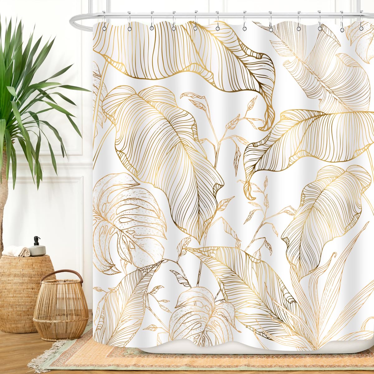 ZXMBF White Gold Tropical Palm Leaves Shower Curtain Abstract Banana Leaf Copper Chic Modern Botanical Plant Nature Aesthetic Bathroom Decor