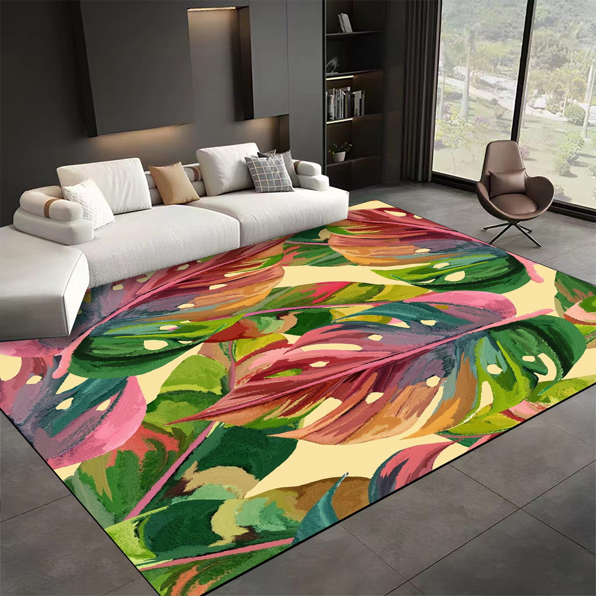 USHIRUG Nordic Banana Leaf Area Rug, 2x6ft, Tropical Hawaiian Palm Leaf Large Kids Rug, Easy Clean Low Pile Foldable Printed Carpet, Rubber Backed