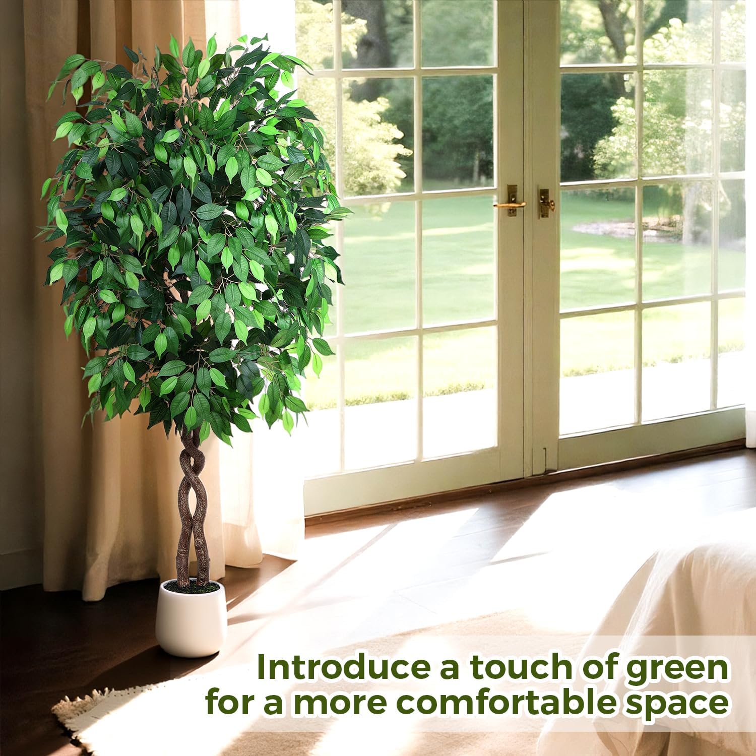 6FT Artificial Ficus Tree, Tall Faux Trees Indoor with White Planter, Dried Moss, Natural Silk Leaves & Trunk, Fake Plants for Home Living Room Office Corner Decor Housewarming Gift - Image 5