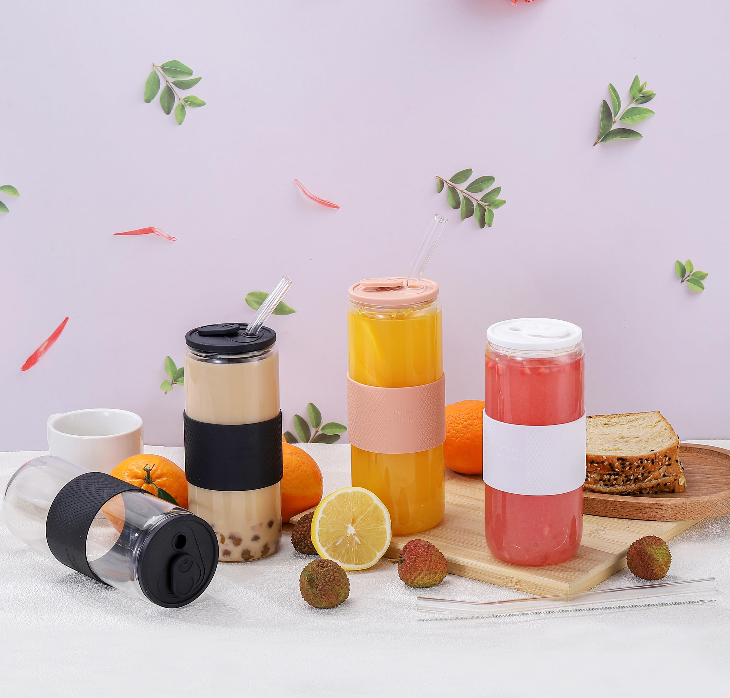 Vasos de vidrio en forma de lata de 24 onzas con tapas de silicona y popote de vidrio, 2 vasos para beber con tapas y popotes, y fundas de silicona, vasos de cerveza, tazas de café helado 7