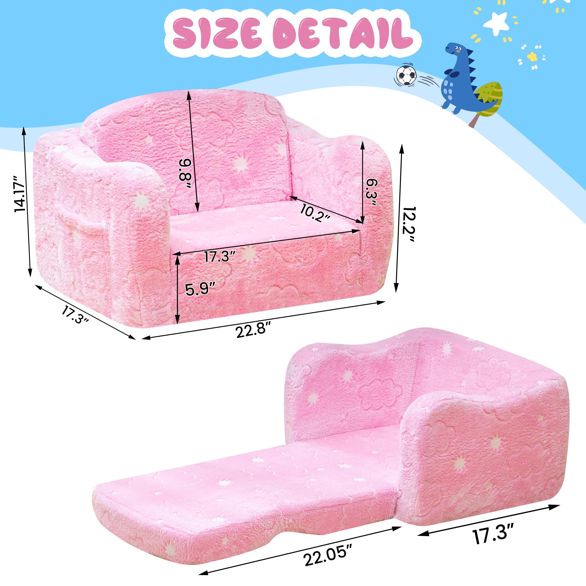 Lamerge 2-in-1 Toddler Couch,Glow in The Dark Baby Floor Bed,Foldable Toddler Chair Kids Sofa for playroom,Convertible Sofa to Lounger for Girls and Boys (Pink and Clouds)