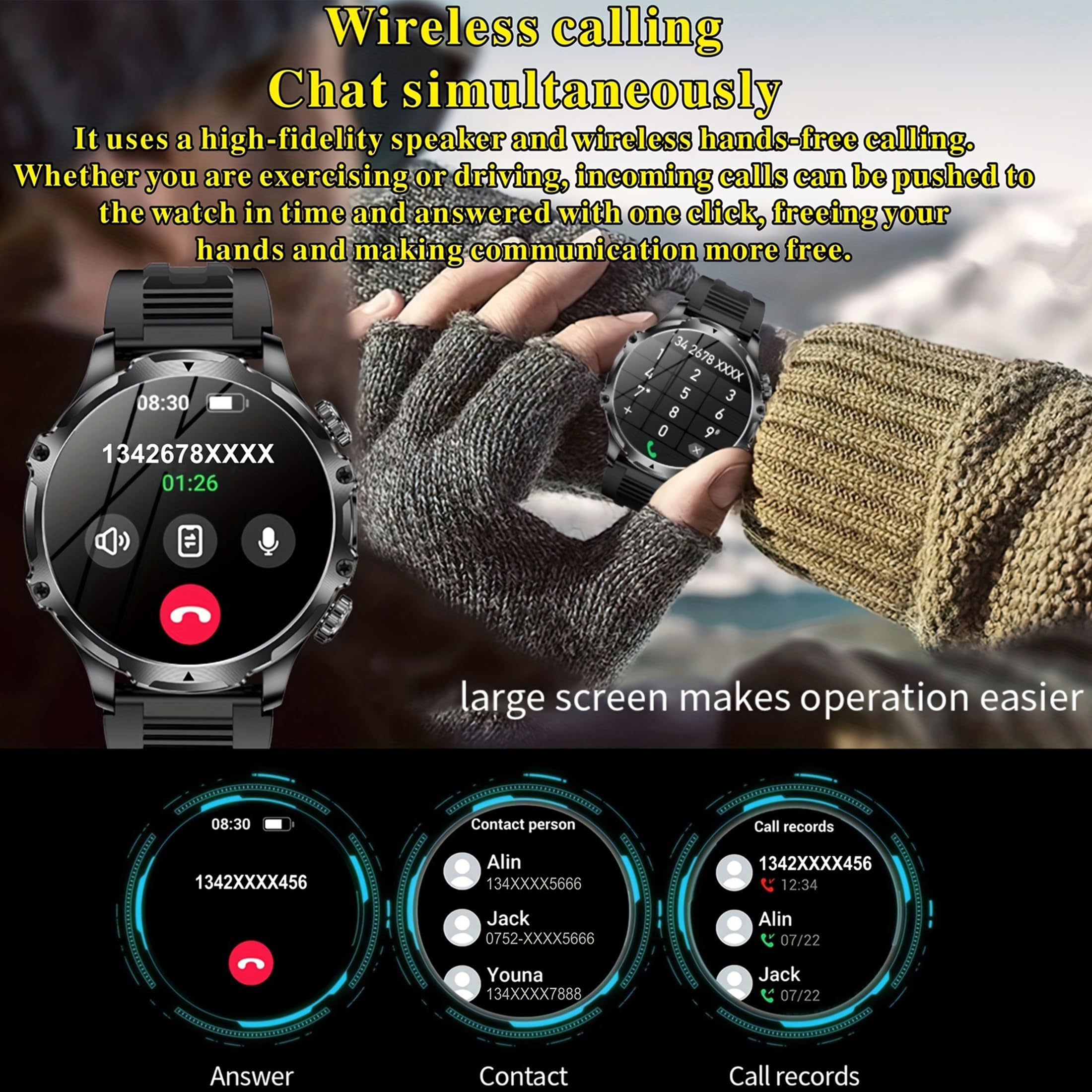 Reloj inteligente AMOLED de 1,85 pulgadas para hombre con función de teléfono, batería de 800 mAh, linterna, reloj inteligente de 5 ATM, rastreador de actividad con 123 modos deportivos
