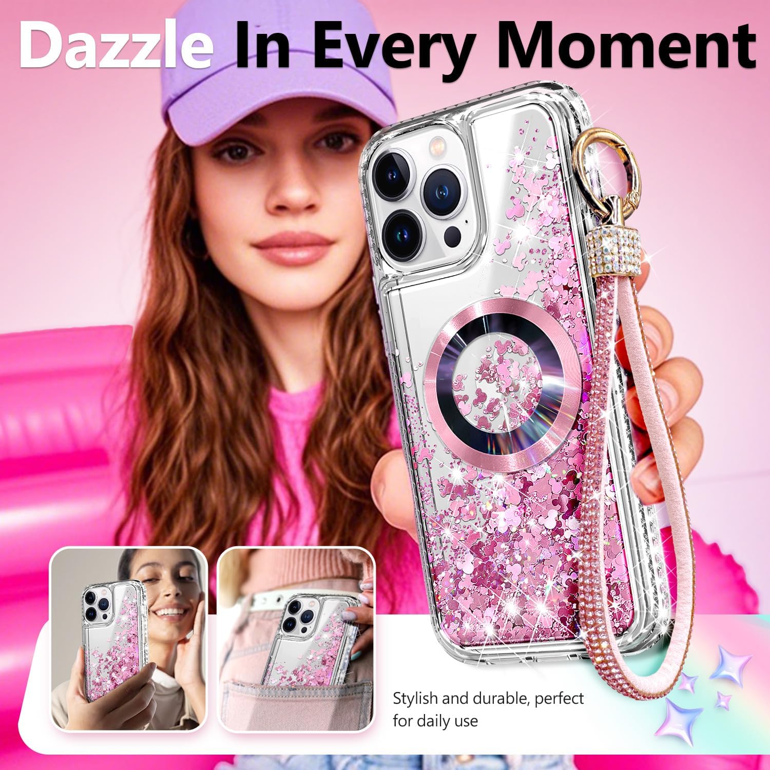 NGB Designed for iPhone 15 Plus Case, Rose Gold | Magnetic Compatible with MagSafe | Glitter Liquid Sparkle Cute Cover for Women Girls | with Screen Protector & Camera Lens Protector & Wrist Strap - Image 6