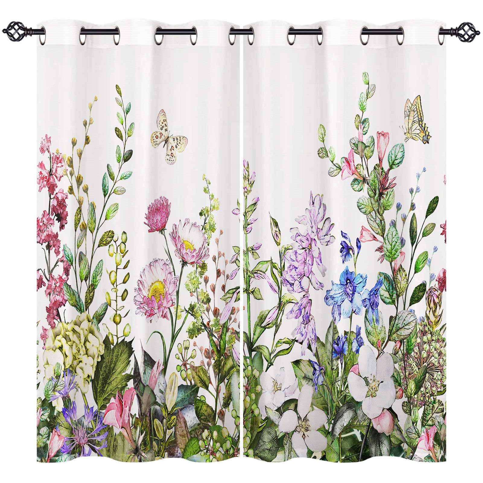ANHOPE Floral Curtains Eyelet Soft Thermal Insulated Blackout Curtains Watercolor Botanical Flower Butterfly Print Pattern Ring Top Window Drapes for Bedroom Living Room 55 x 69 Inch Drop 2 Panels — image 1