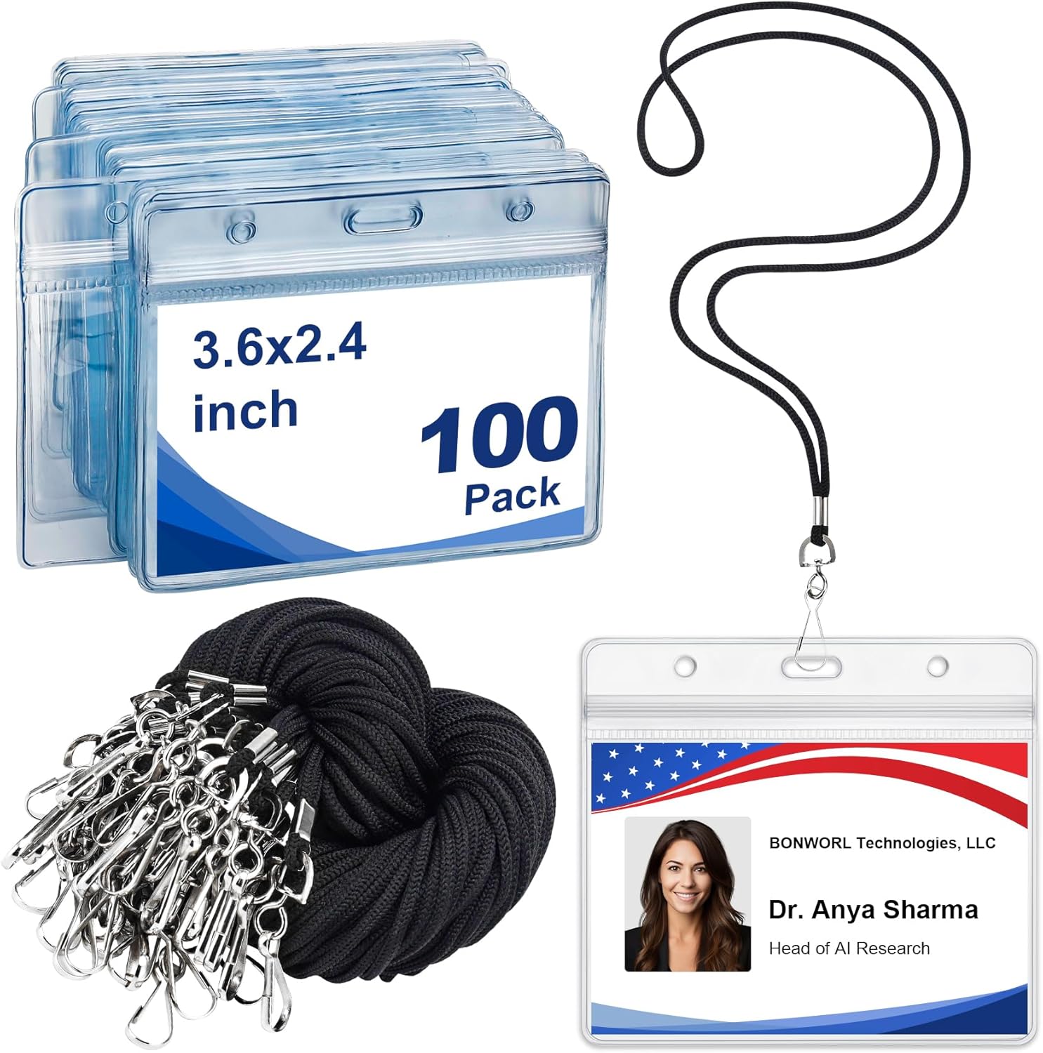 100 Pack Black Lanyards with ID Badge Holder, Bulk Horizontal Clear Waterproof Badge Holders with Neck Lanyard, Plastic Name Tag Holder for Office, School, Events, Conferences