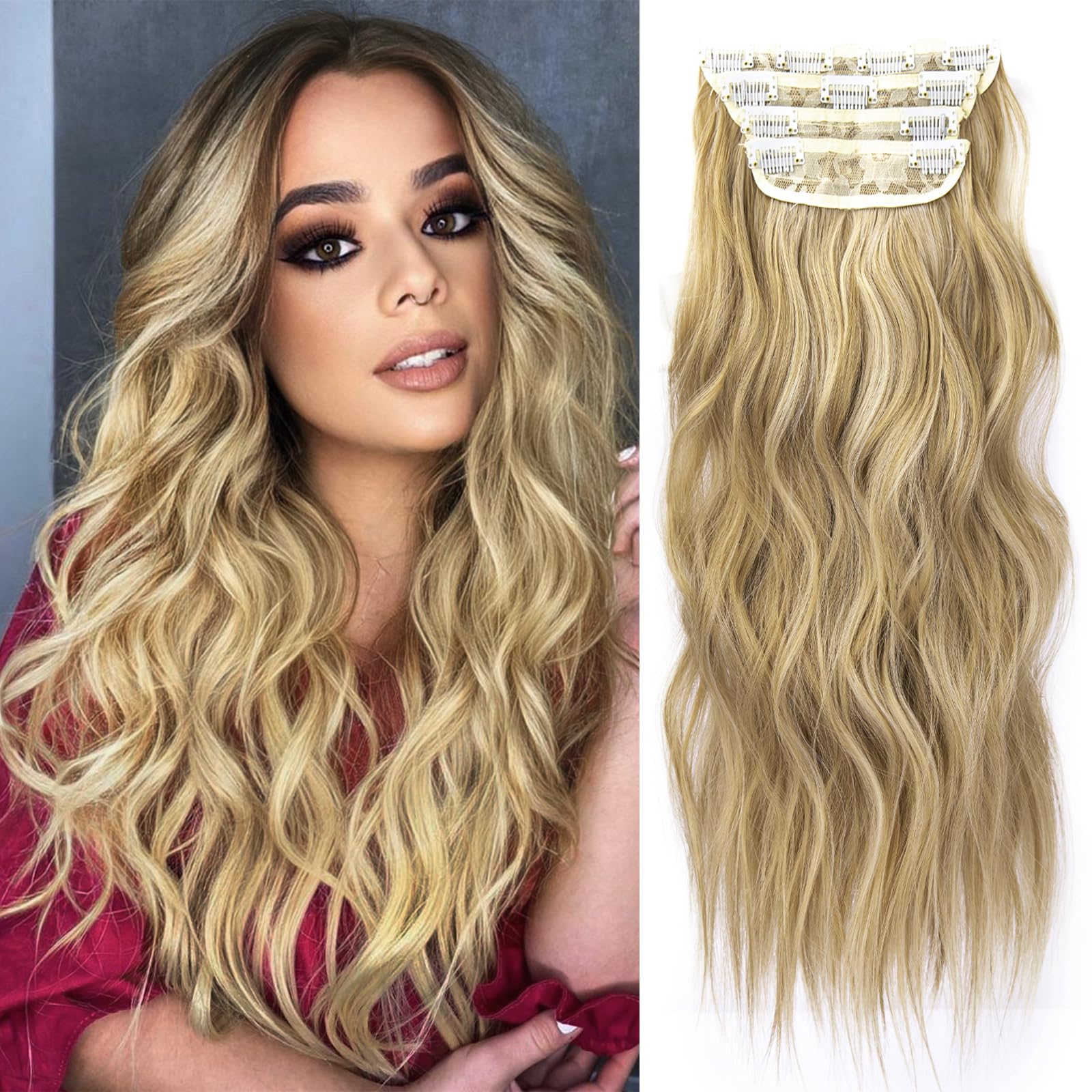 Amazon.com : Blonde Hair Extensions Long Wavy 20 Inch 4pcs  display picture 3