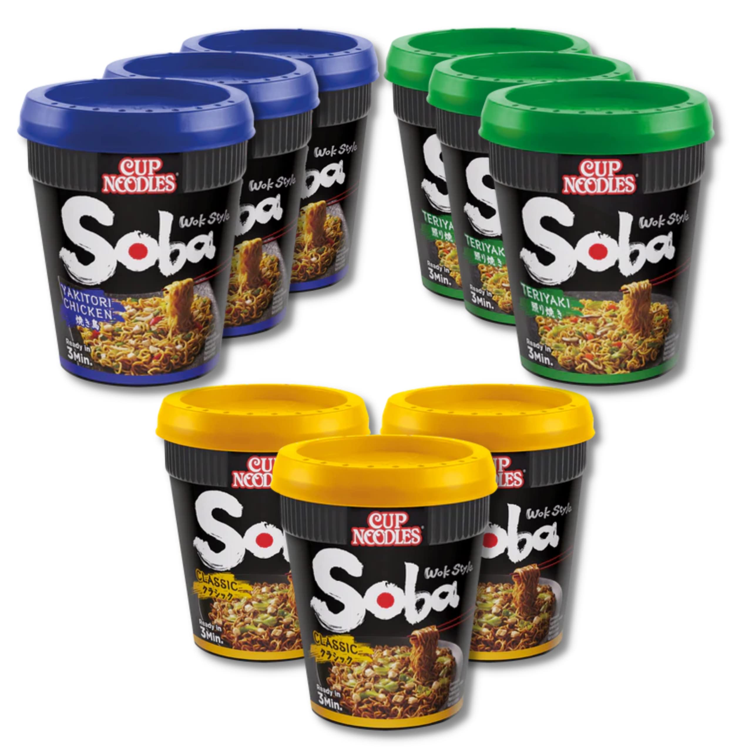 Nissin Soba Noodles - Confezione multipla di 9 coppette per noodles Nissin Soba Classic, pollo Yakitori e Teriyaki, con etichetta regalo TGBK