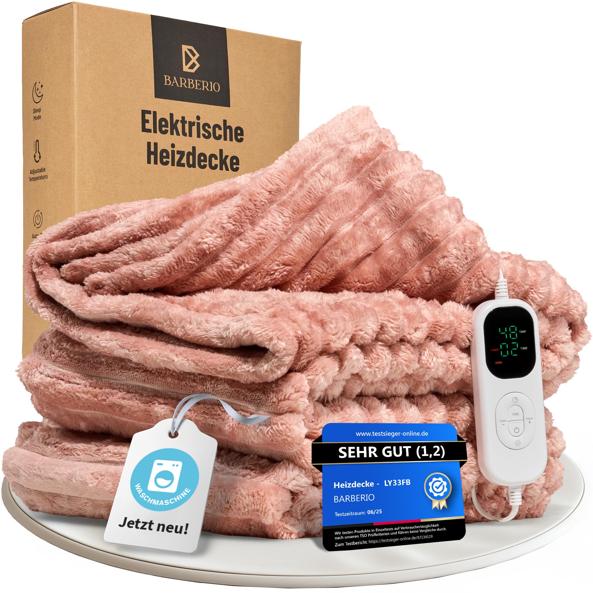 BARBERIO elektrische Heizdecke Wärmedecke staubrosa mit 6 Heizstufen, Timer, Abschaltautomatik, Überhitzungsschutz, LCD, strahlungsfrei, Anti-Milben, flauschig & maschinenwaschbar (150 x 200cm)
