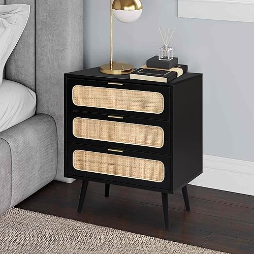 Miniatura 2 de RARZOE Mesita de noche de ratán cómoda con 3 cajones mueble organizador de armario de madera para dormitorio sala de estar armario oficina negro