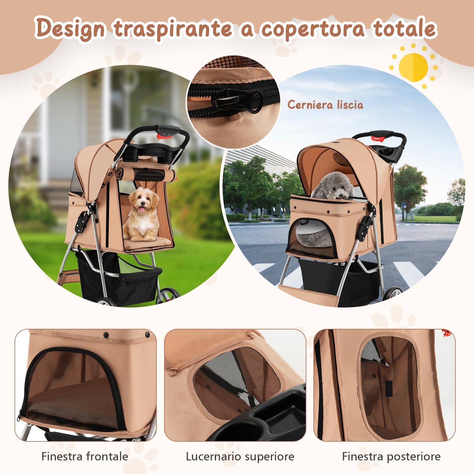 GYMAX Passeggino per Cani Piccoli Pieghevole, Fino a 15 kg, Ruote 360° con Freni, Cuscino, Porta Doppio, Finestre, Cestino, Portabicchieri, Carrozzina Portatile (Beige)