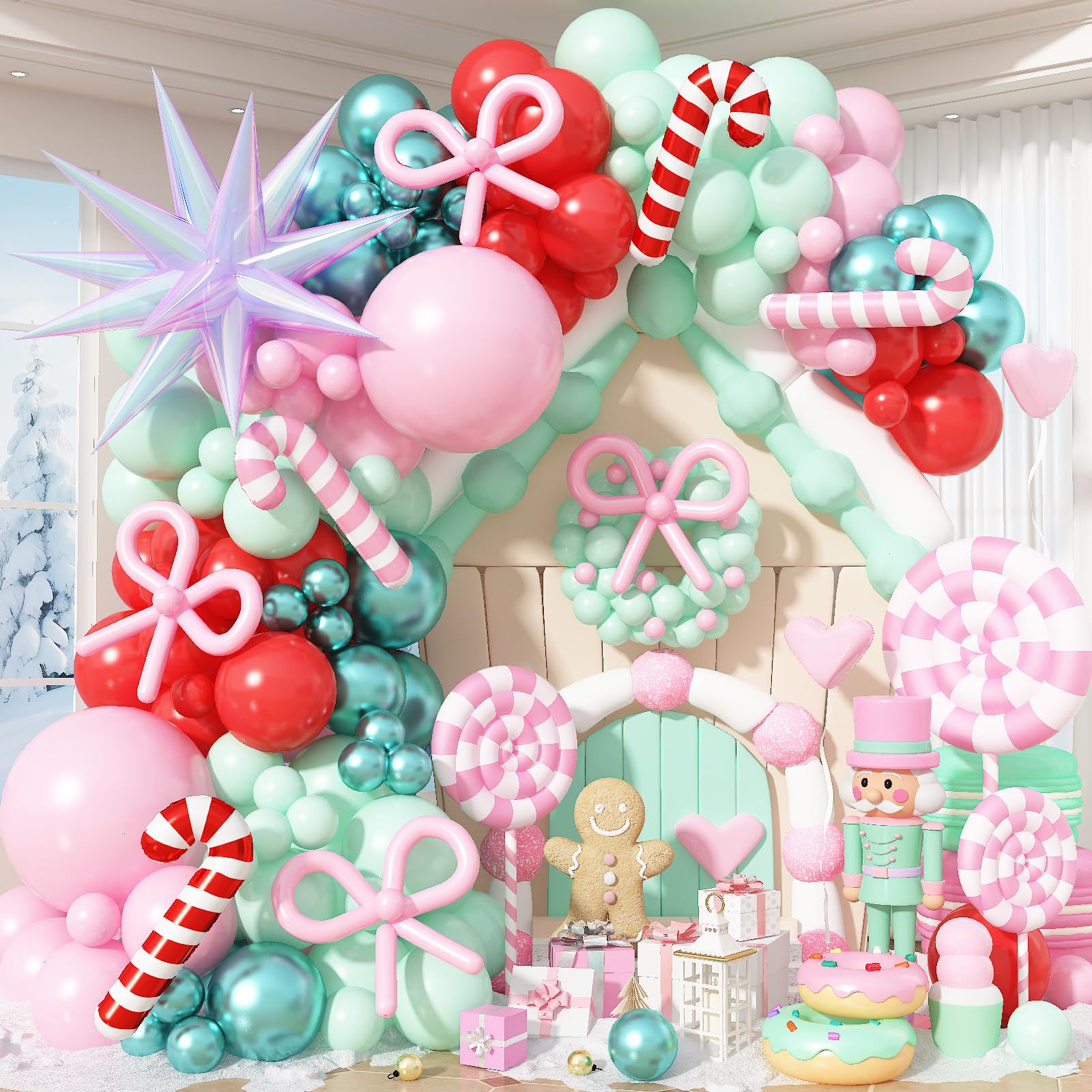115Pcs Christmas Bow Balloon Garland Arch Kit, Red Pastel Pink Green Balloons with Explosion Star Candy Cane Coquette Xmas Balloons for Girl Winter Wonderland Birthday Baby Shower Party Decorations