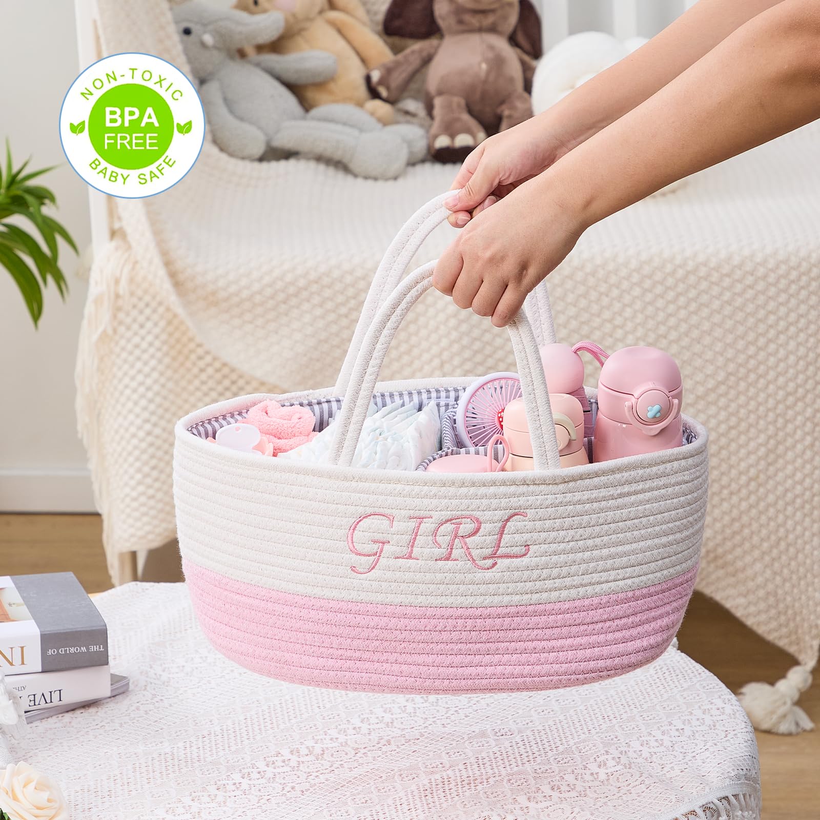 Cesta Organizadora Rosa Pañales Niña | Con Divisores para Toallitas y Cremas | Almacenamiento Habitación Infantil y Baño