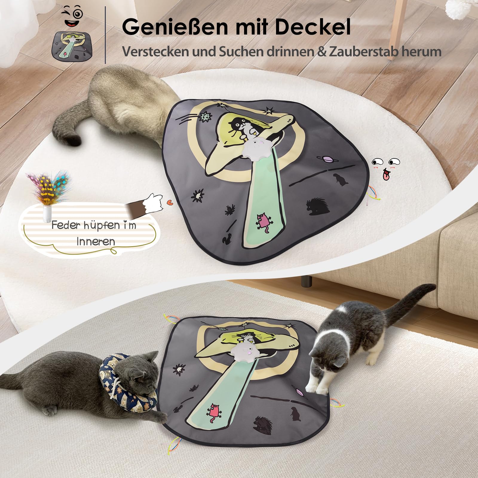 GoldenSun Katzenspielzeug, Aufladbares, Interaktives 4-in-1 Katzen Zubehör im Innenbereich, Selbstspiel, Kitten Spielzeug, Schlag auf einen Maulwurf, Übungskatzenspielzeug mit 3 DIY-Ersatzfedern