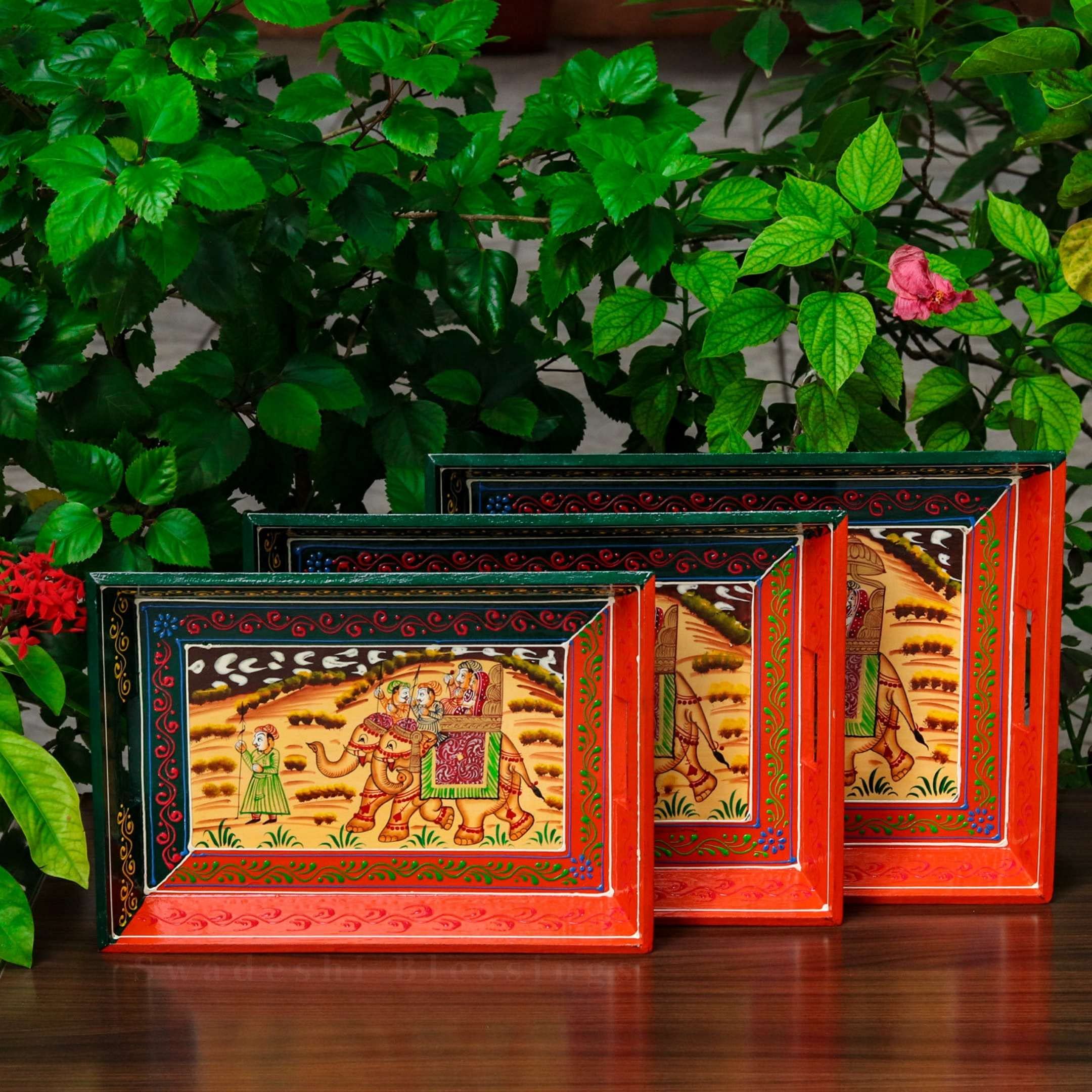 SWADESHI BLESSINGS Handcrafted & Hand-Painted Embossed Wooden Serving Trays Set of 3- For Kitchen/Table & Home Decor/Dinning/Gifts/Restaurants/Living Room/Coffee Table (Orange Rectangular) (B08HGSJ4DZ) Amazon Price History, Amazon Price Tracker