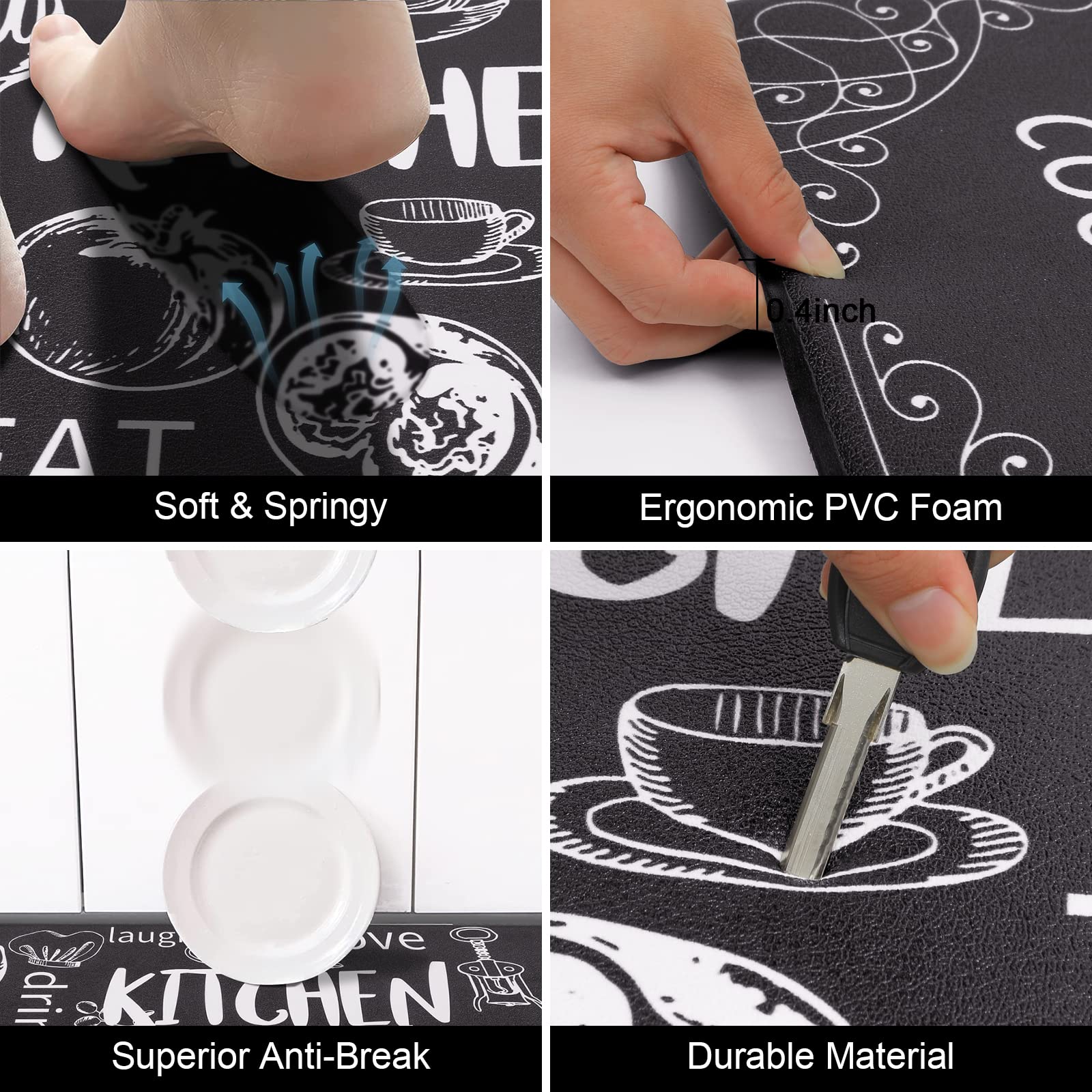 HEBE Lot de 2 Tapis de Cuisine Anti-Fatigue antidérapants épais et rembourrés avec Chemin de Table 43,2 x 121,9 cm + 43,2 x 71,1 cm