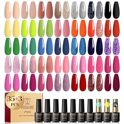 ROSALIND Juego de 38 esmaltes de uñas de gel, 35 colores, rojo, rosa, nude, azul, verde, juego de esmaltes de gel para todas las estaciones con base