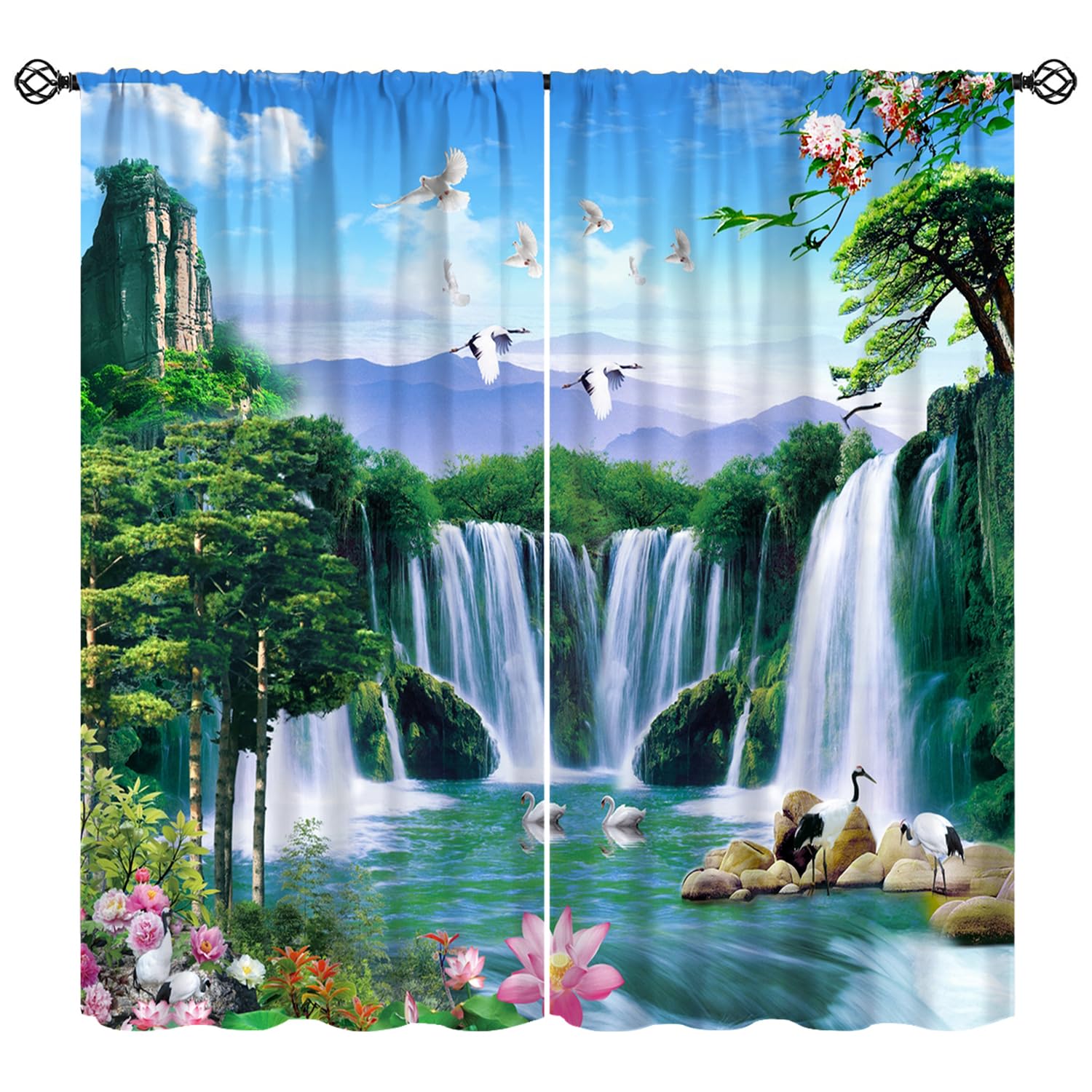 KANEPE Waterfall Curtains, Forest Countryside Landscape White Crane Asian Style Window Treatments, Rod Pocket Thermal Insulated Drapes 2 Panel Sets for Bedroom Living Room, 42