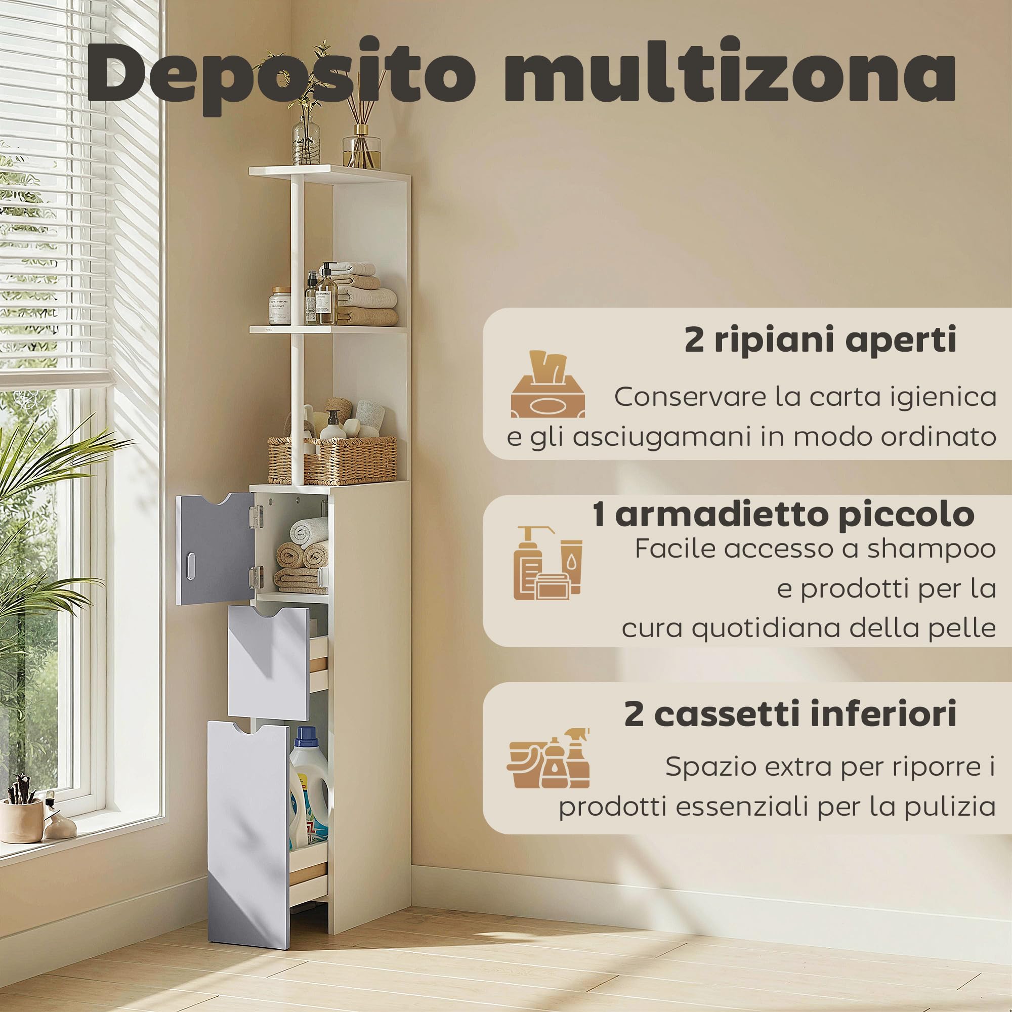 HOMCOM Colonna Bagno, Mobile Bagno Salvaspazio in Legno, Mobiletto con Armadietto, Ripiani e Cassetti, 15x33x136.8 cm, Grigio Chiaro