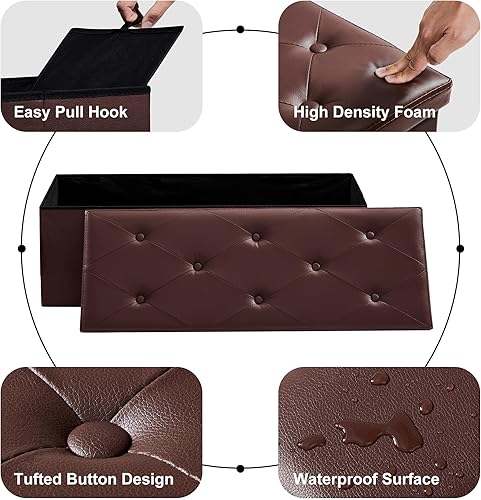 Miniatura 6 de VECELO Otomana plegable de almacenamiento de 43 pulgadas, banco de almacenamiento para dormitorio, reposapiés versátil, copetudo de piel sintética