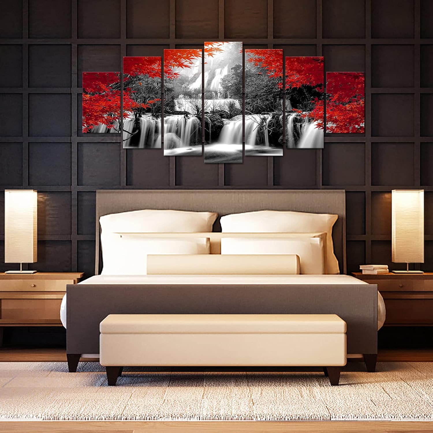 XLarge 7 Pieces Black and Red Waterfall Canvas Wall Art Nature Forest Picture Prints Framed and Stretched Painting for Modern Living Room Office Decorations 70x32 inch - Image 4