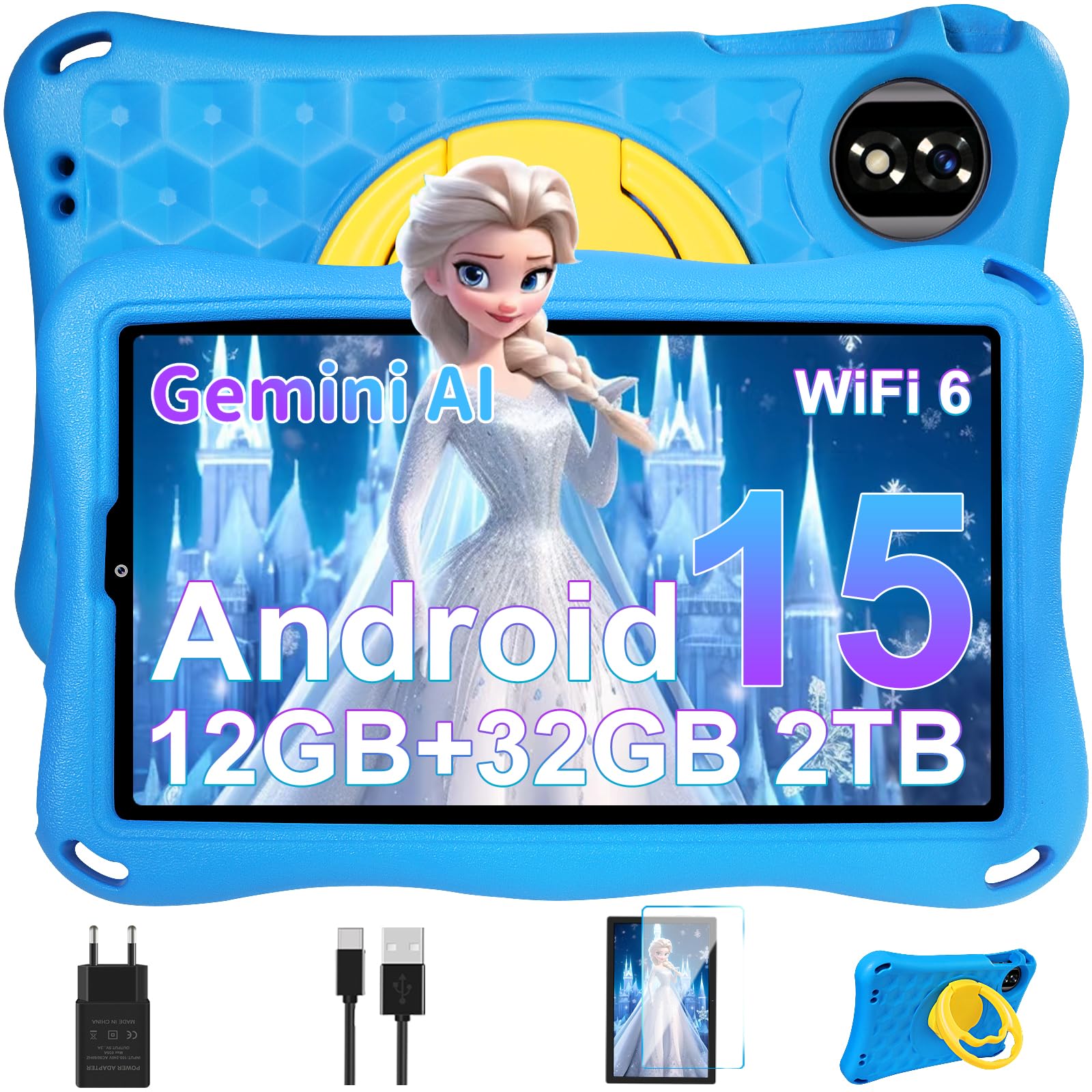 9 Inch Android 15 Gemini AI Kids Tablet, 12GB RAM+32GB ROM(TF 1TB),Octa-Core, 5G WiFi 6, GMS Certified, BT 5.0, 8+5MP, 5000mAh,Widevine L1,BT5.0,Parental Control Tablet with EVA Case-Blue